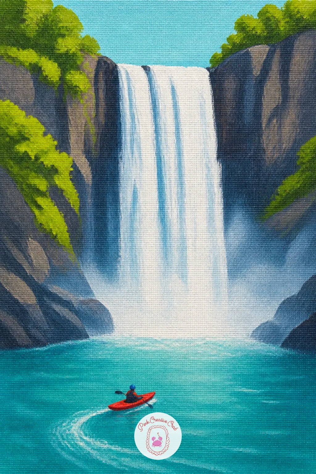 Kayaks Below a Waterfall — Add movement and energy below the fall with a small kayak. Waterfall painting