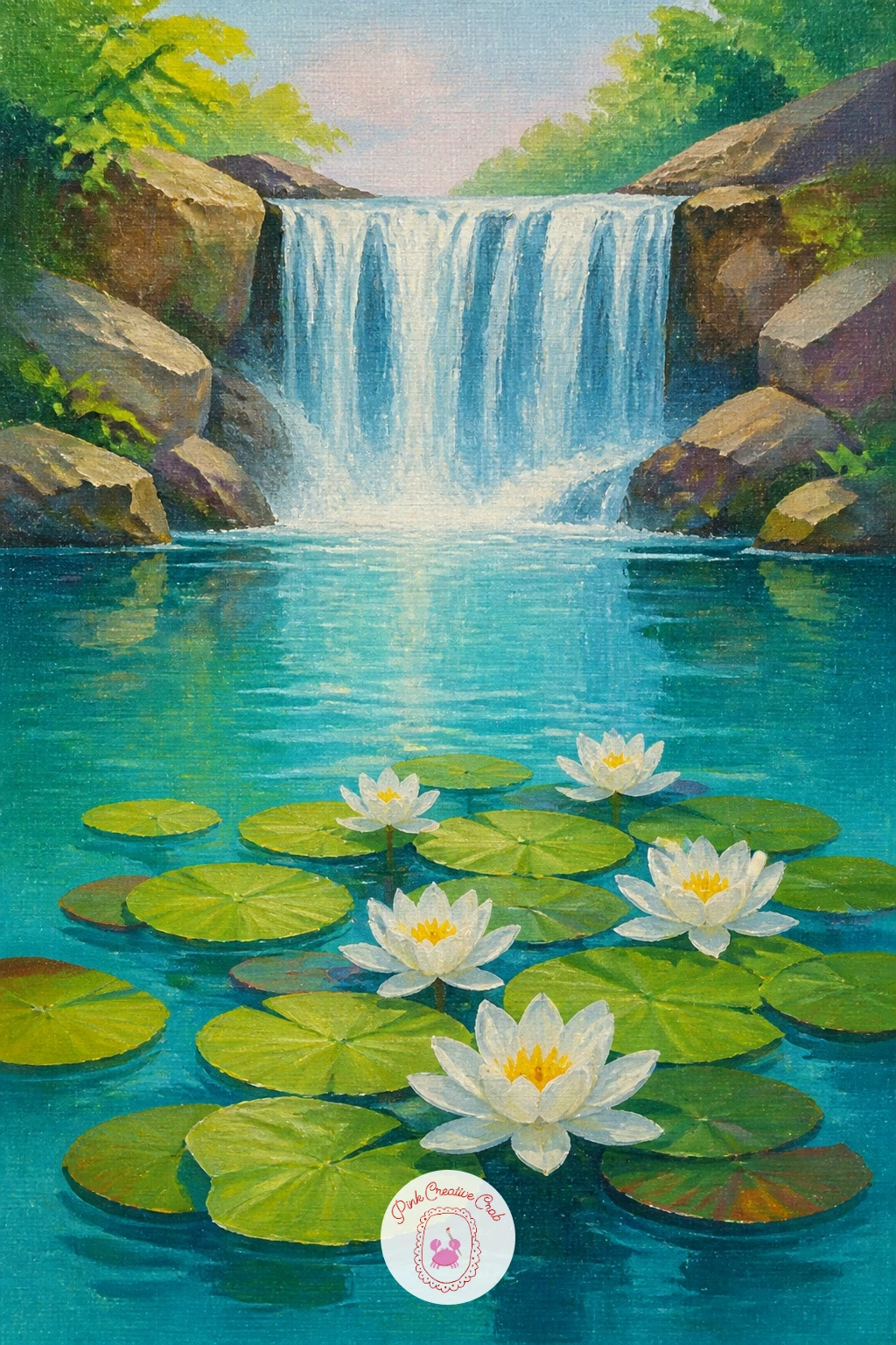Water Lilies in a Waterfall Pool — Slow the pool down with a few floating water lilies near its edge, a quieter detail after the drama of a canyon. Waterfall