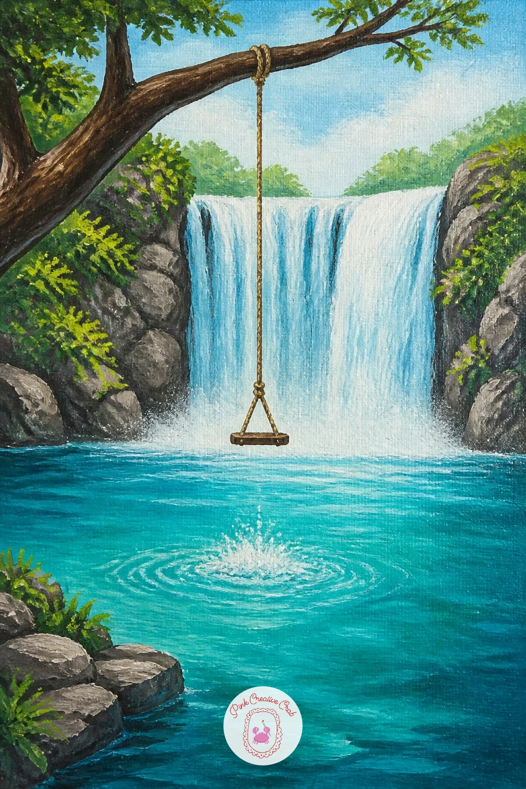 Rope Swing Over a Waterfall Pool — Bring a sense of playfulness to the pool with a simple rope swing hanging from an overhanging branch. Waterfall painting