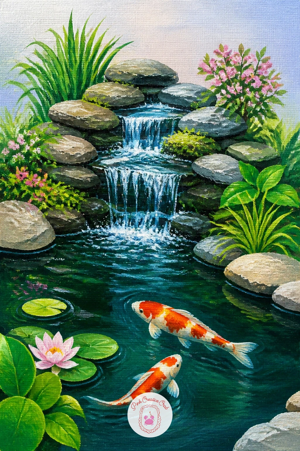 Tiny Garden Waterfall With Koi — Move from wild nature to a tended one with a small garden waterfall and koi pond. Waterfall painting