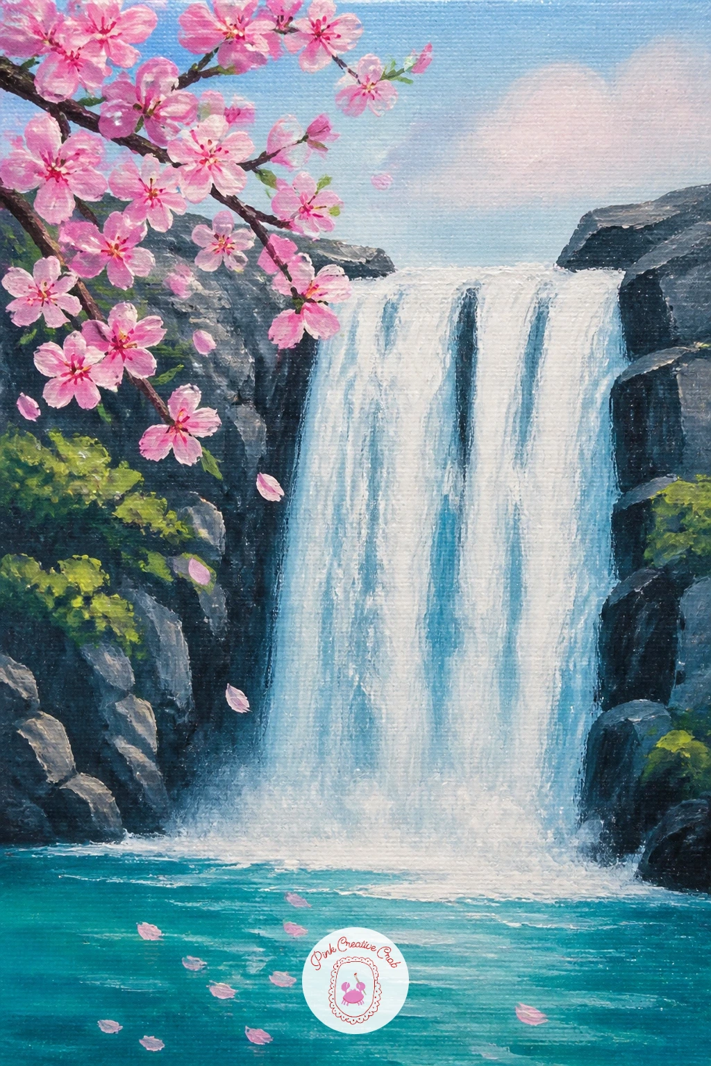 Waterfall With Cherry Blossoms — Bring soft pink into the palette with a cherry blossom branch framing the fall. Waterfall painting
