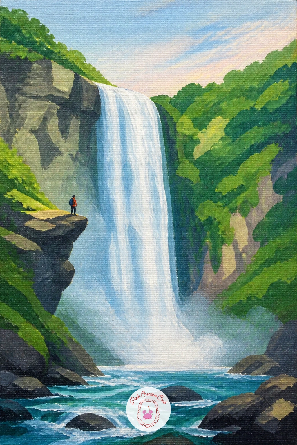 Hiker at a Waterfall — Put a tiny figure into the landscape to give the fall a sense of real scale. Waterfall painting