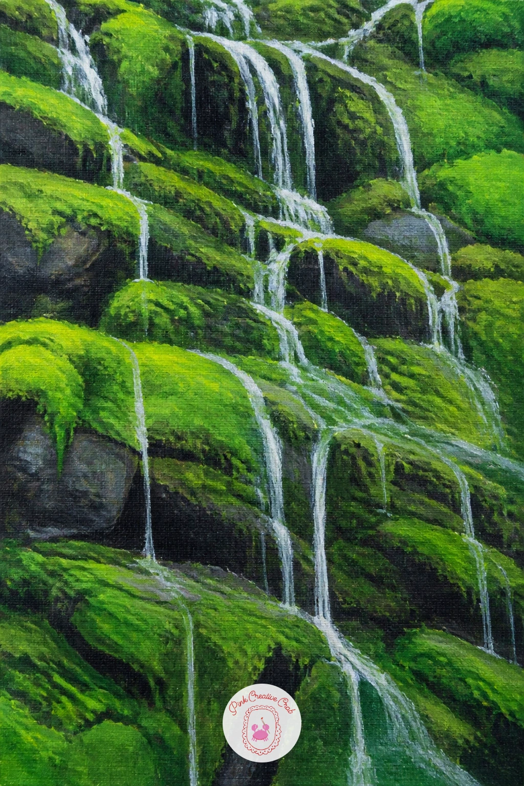Mossy Rocks and Falling Water — Focus entirely on texture for this one, a close, tangled corner of rock and water rather than a wide scene. Waterfall painting