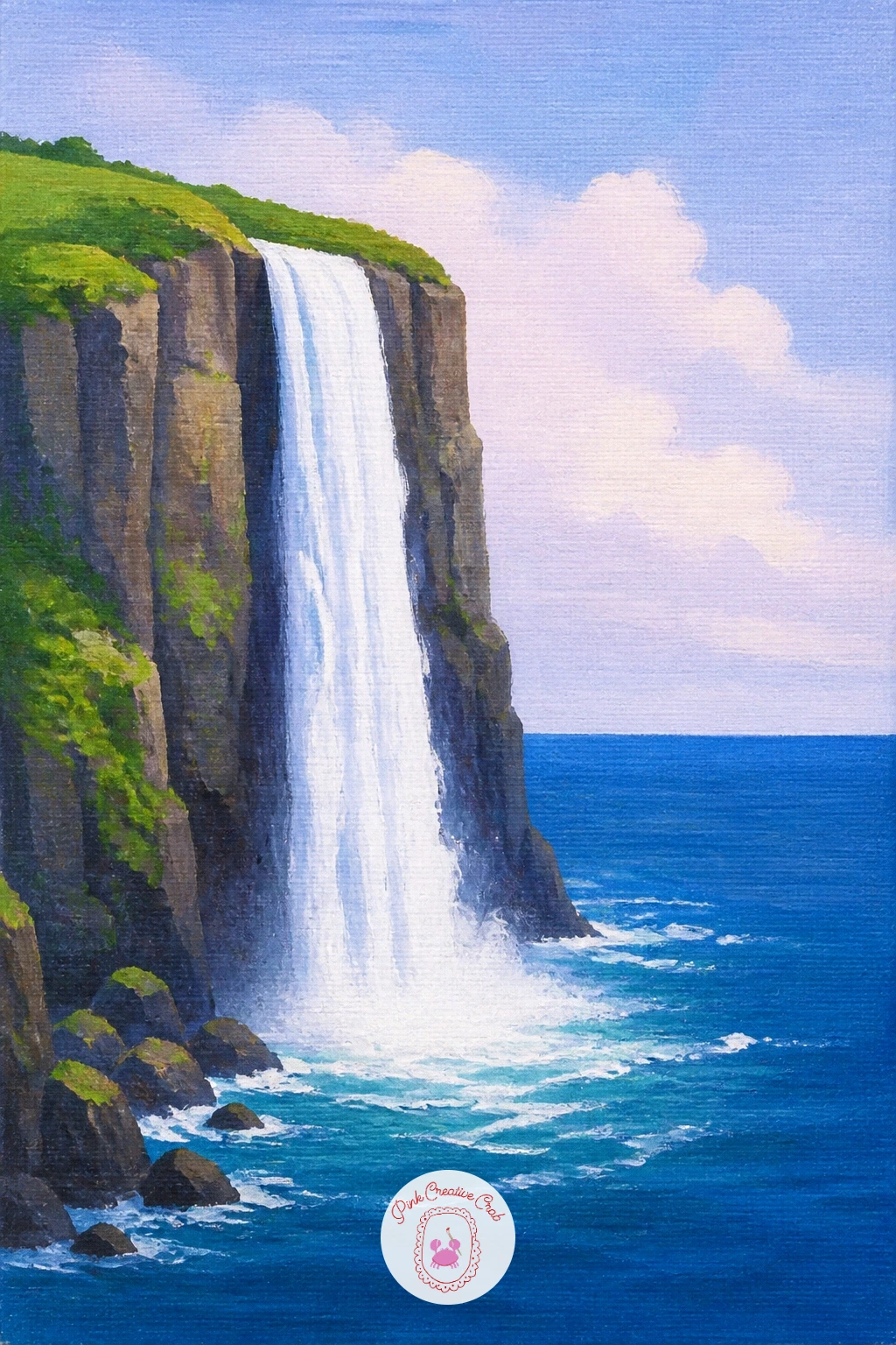 Waterfall Into the Sea — Scale up the setting for a dramatic coastal version where a fall drops straight from a clifftop into open ocean. Waterfall painting