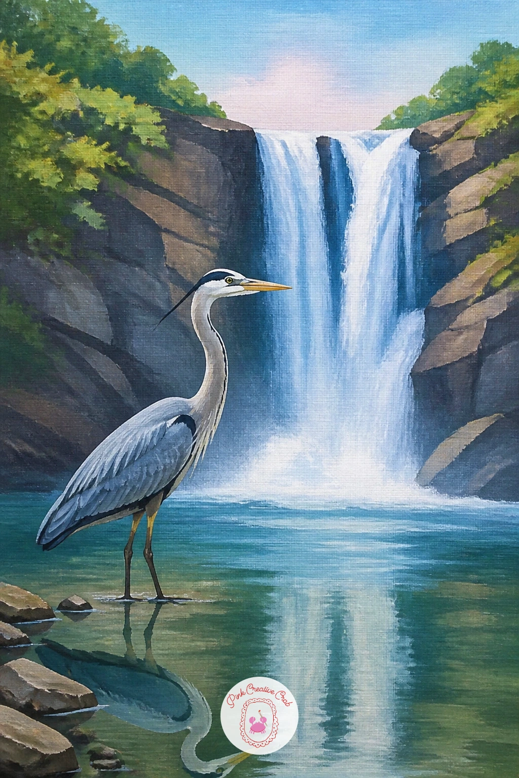 Heron at a Waterfall — Return to stillness with a single heron standing at the pool's edge. Waterfall painting