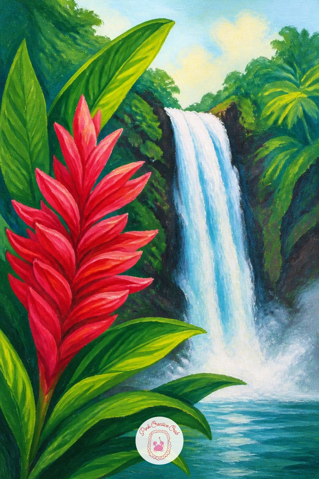 Waterfall With Tropical Flowers — Bring bold color back in with large tropical blooms framing the fall's edge. Waterfall painting