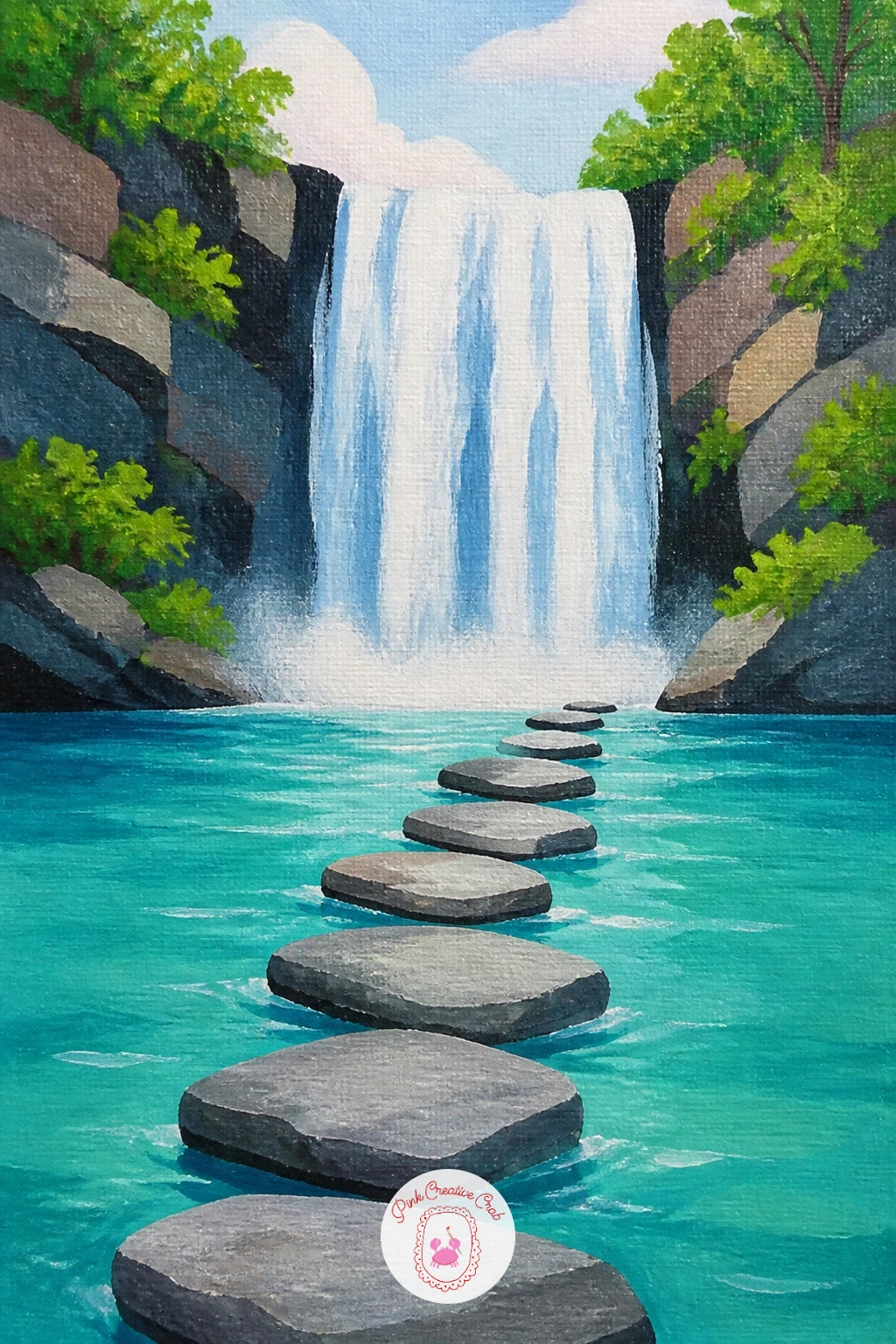 Stepping Stones Below a Waterfall — Guide the eye across the pool with a simple line of stepping stones. Waterfall painting