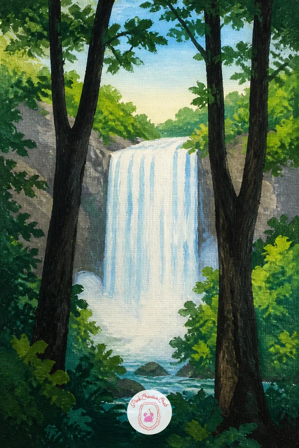 Waterfall Seen Through Trees — Close the list with a framed glimpse rather than a full view, letting tree trunks do the composing for you. Waterfall painting