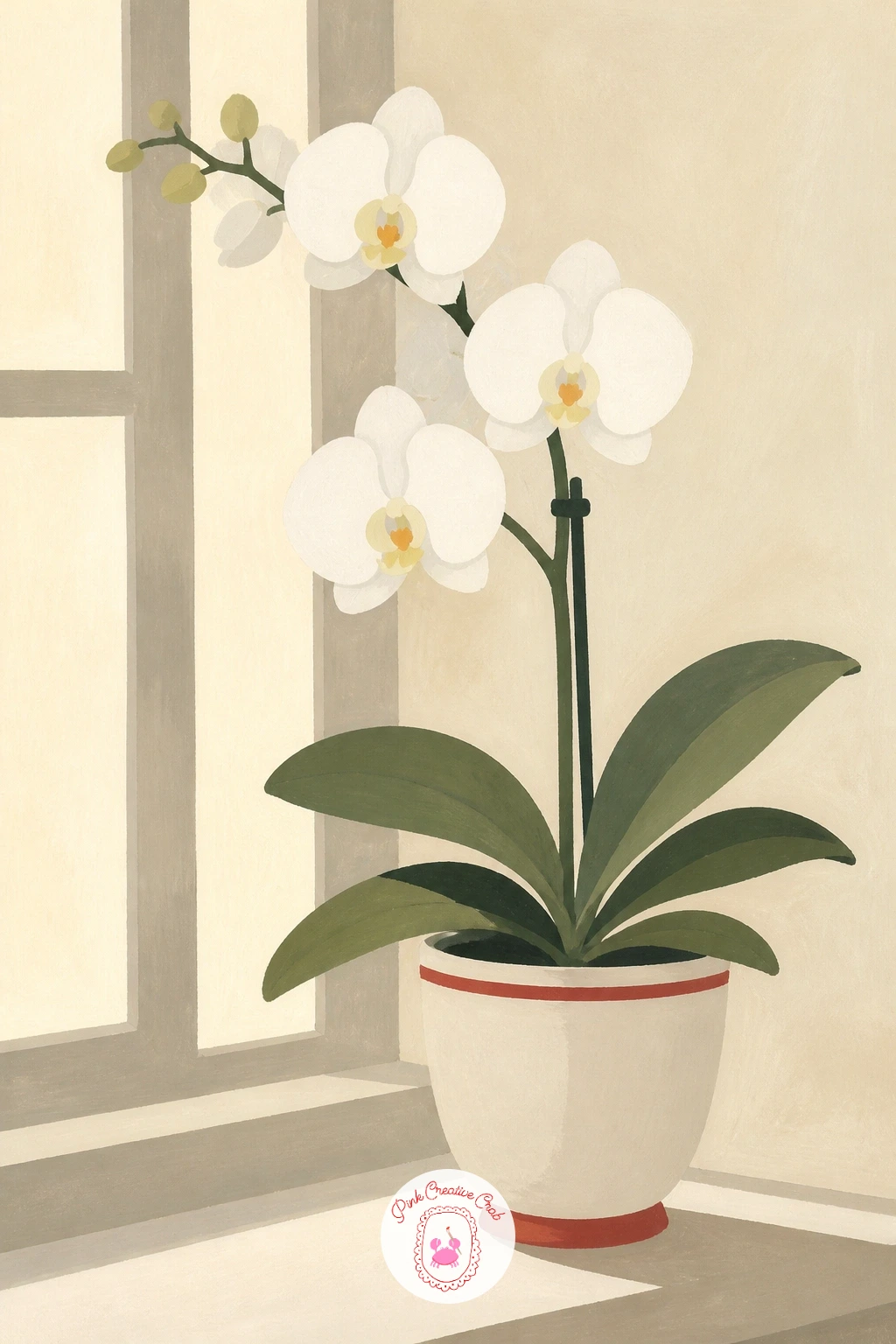 White Orchid on a Windowsill — Start the whole list with a white orchid on a windowsill, since its pale petals are the easiest shape in this set to get right.