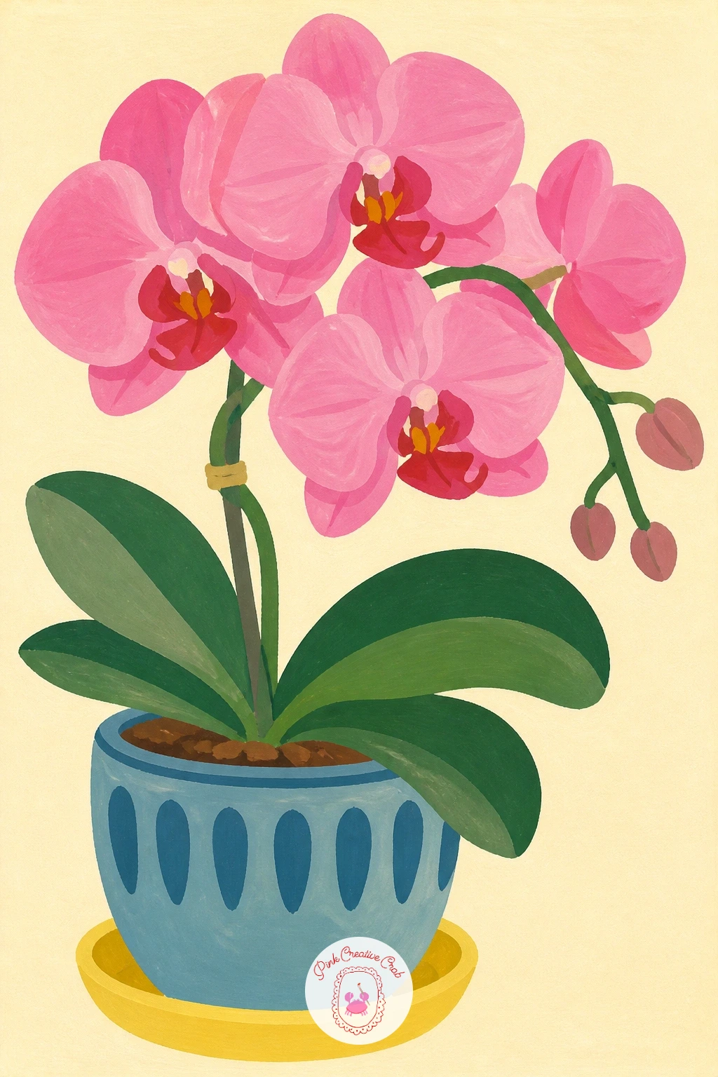 Pink Orchid in a Ceramic Pot — Move from white to color with a pink orchid in a ceramic pot, where the pot itself becomes half the picture. Orchid drawing