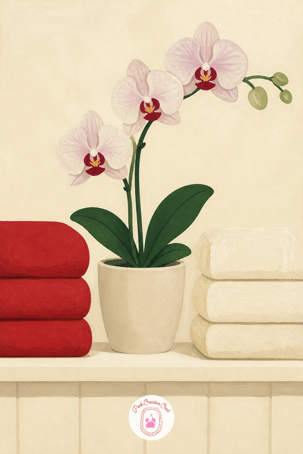Orchid in a Bathroom with Towels — Give the orchid a new room with this bathroom scene, where a plant sits on a shelf between two folded towels. Orchid drawing