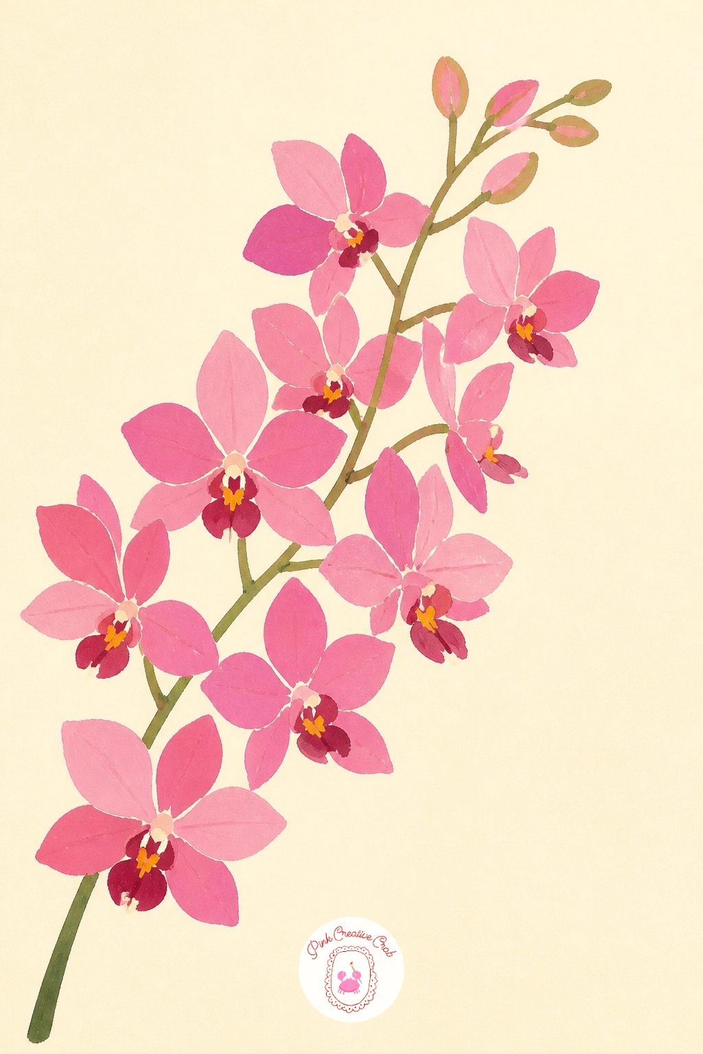 Dendrobium Spray — Take on a dendrobium spray next, a long cane-like stem studded with many small flowers along its length. Orchid drawing