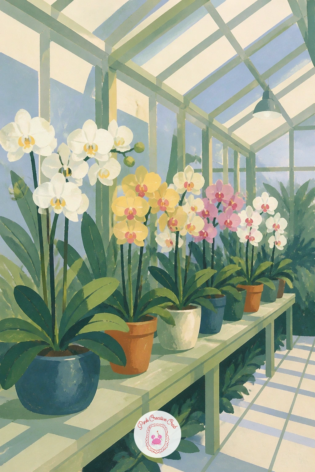 Orchids in a Greenhouse — Widen the view for orchids in a greenhouse, the first real interior scene in this set rather than a single plant. Orchid drawing