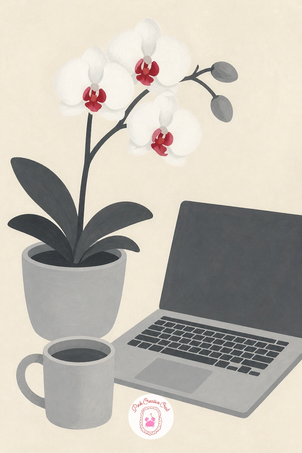 Orchid on a Desk by a Laptop — Bring the orchid into a working life with one on a desk beside a laptop, a modern still life that will feel familiar to anyone