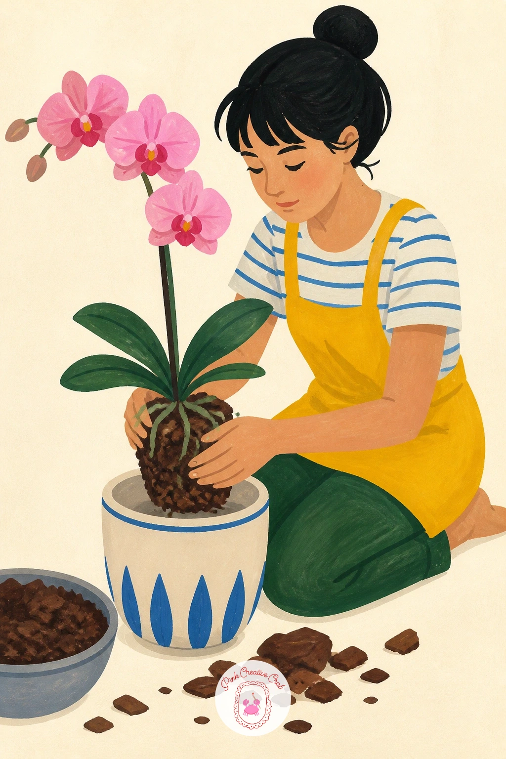 A Girl Repotting Orchids — Bring a person into the scene with a girl repotting orchids, a small narrative moment rather than a still object. Orchid drawing