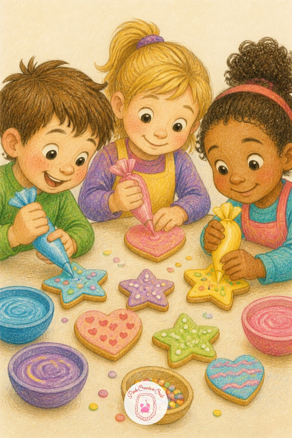 Kids Decorating Cookies — Move from dough to decorating with kids decorating cookies around a table covered in icing and sprinkles. Cooking drawing