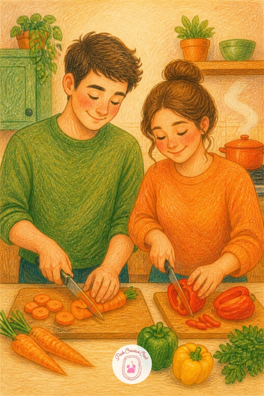 Couple Chopping Vegetables — After the busy cookie table, settle into a quieter two person scene with a couple chopping vegetables side by side at the counter.