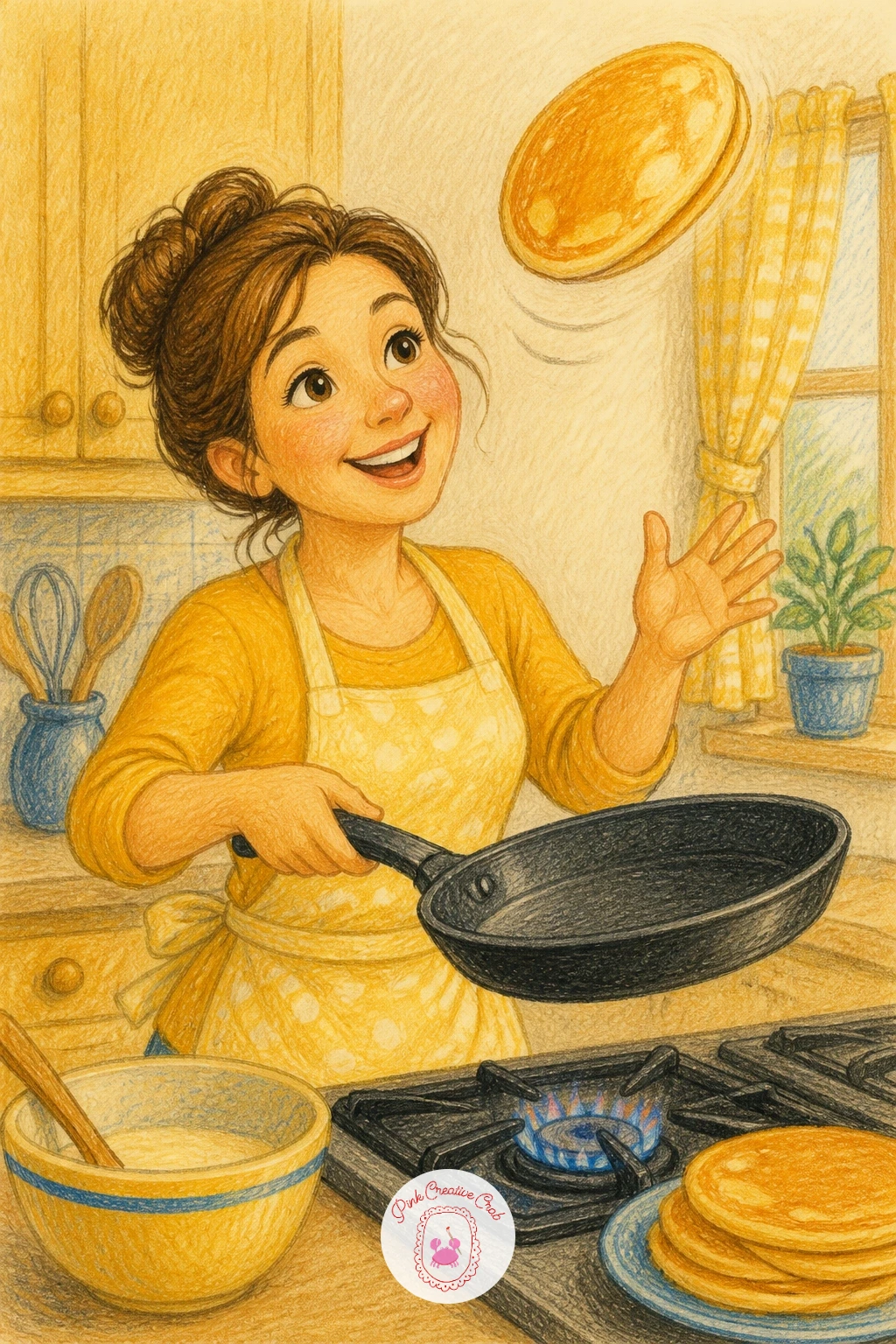 Mom Flipping Pancakes — Bring in some motion next with a mom flipping pancakes mid air over a stovetop pan. Cooking drawing