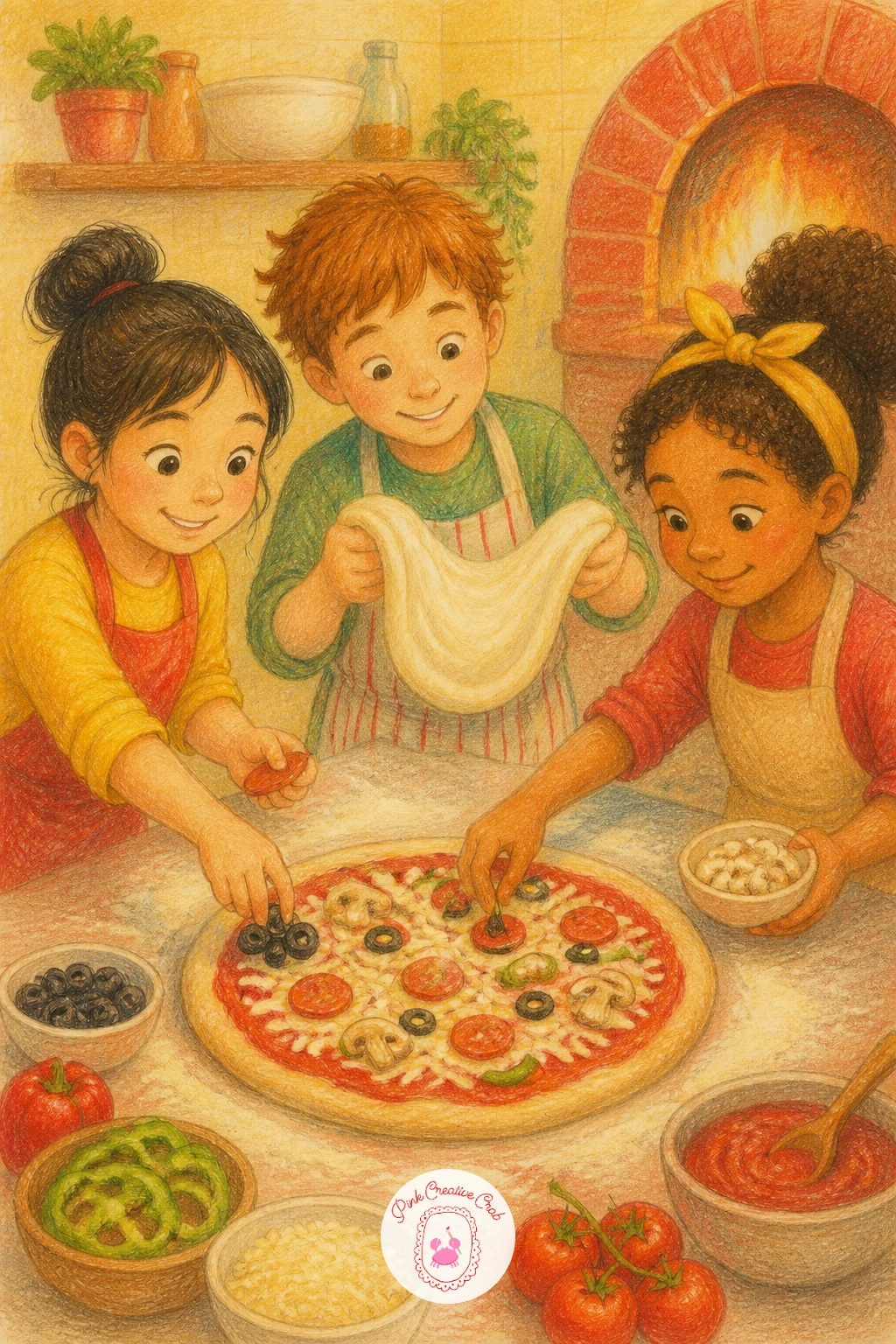 Friends Making Pizza — Bring the energy back indoors with friends making pizza together around a flour covered counter. Cooking drawing