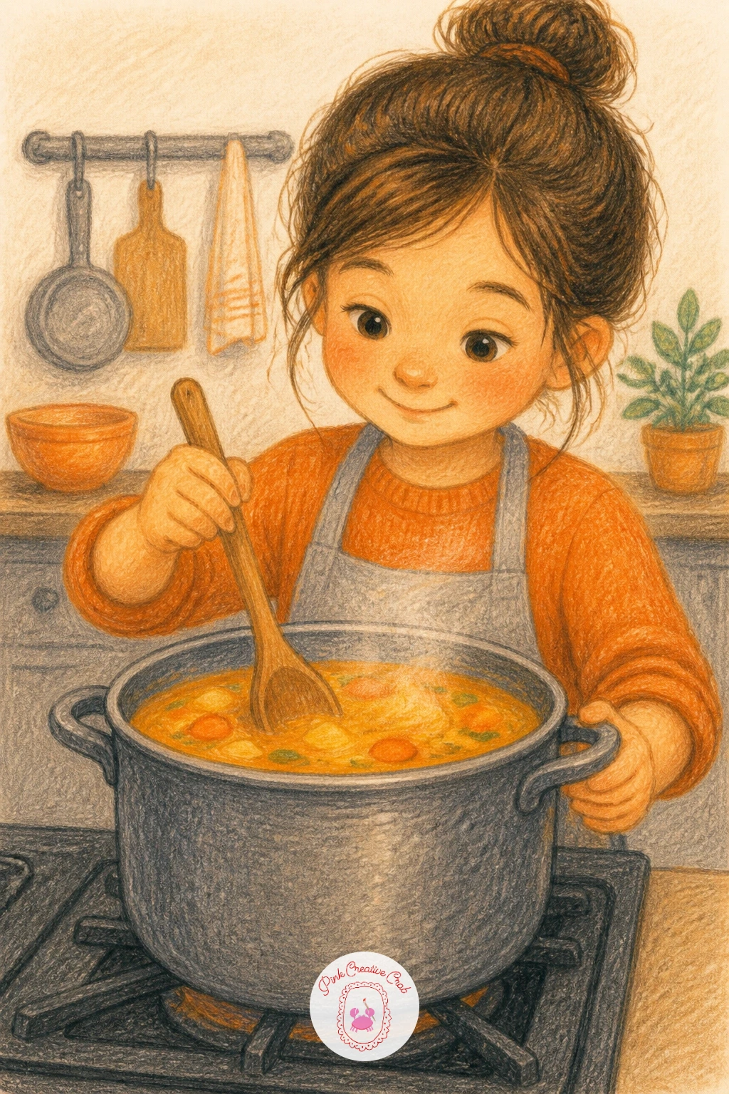 Girl Stirring Soup — Slow the pace down with a girl stirring soup at the stove, a quiet one figure scene that is easy to finish quickly. Cooking drawing