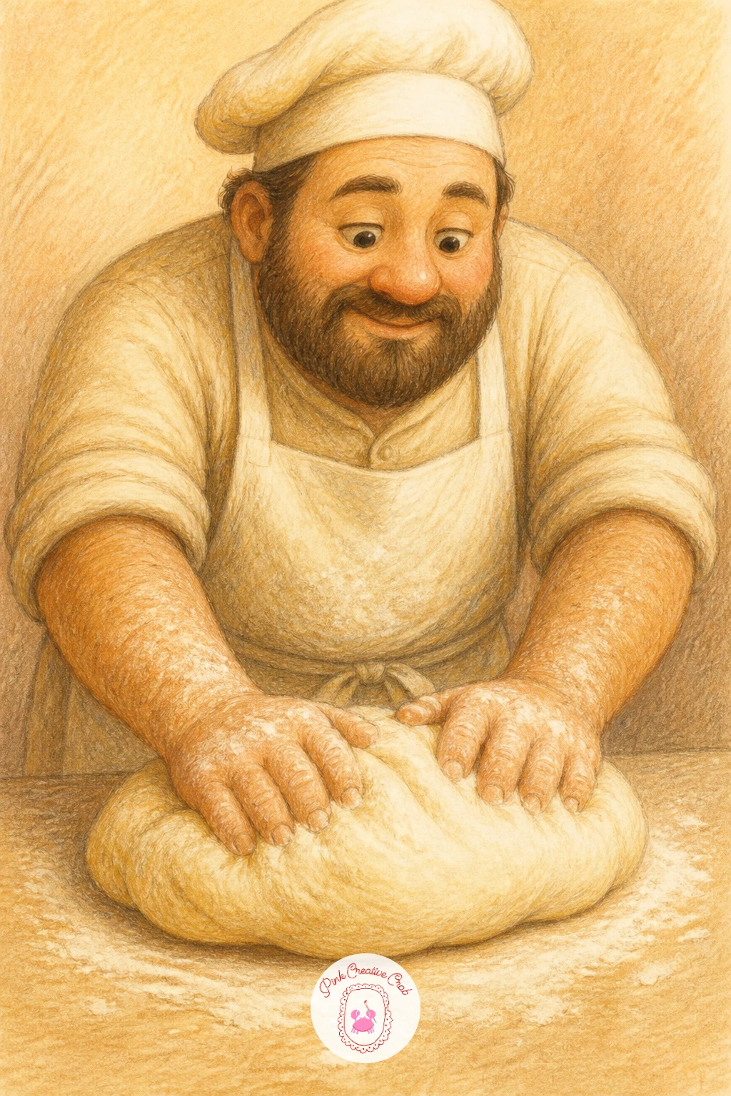 Baker Kneading Dough — Build on that steady mood with a baker kneading dough, arms pressed deep into a soft mound on a floured table. Cooking drawing