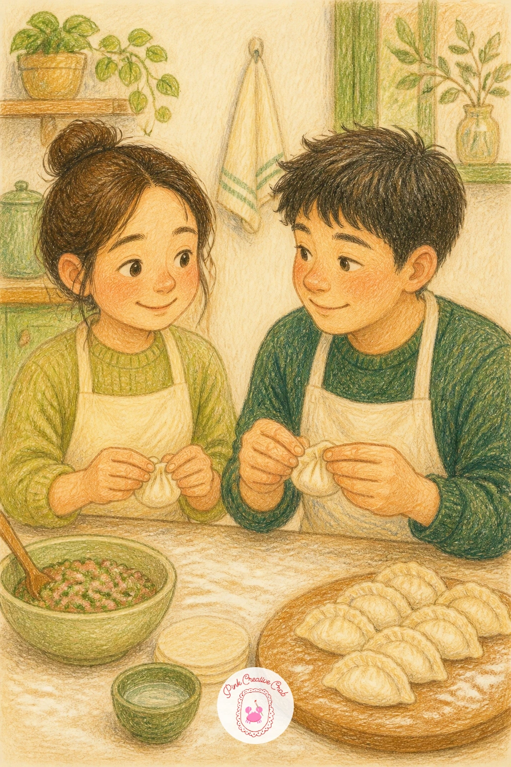 Making Dumplings Together — Keep the hands on dough theme going with making dumplings together, a scene built around two or three figures pinching small dough