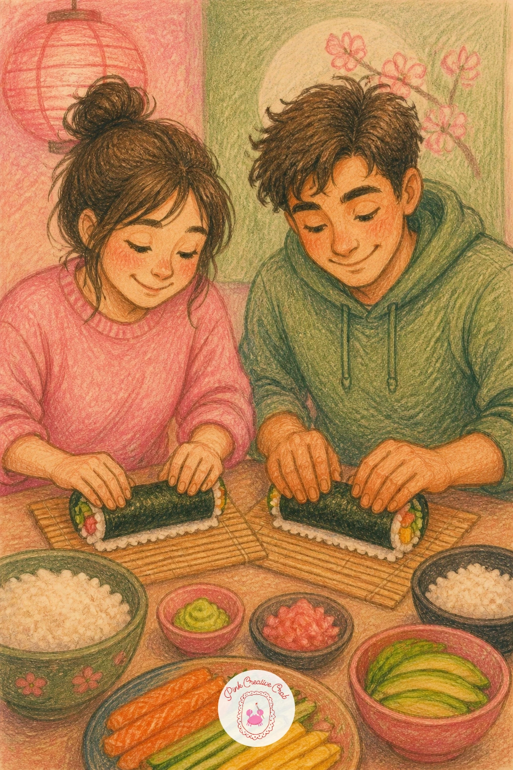 Sushi Rolling Night — Change the cuisine entirely with a sushi rolling night, two figures seated at a low table rolling sushi on bamboo mats. Cooking drawing