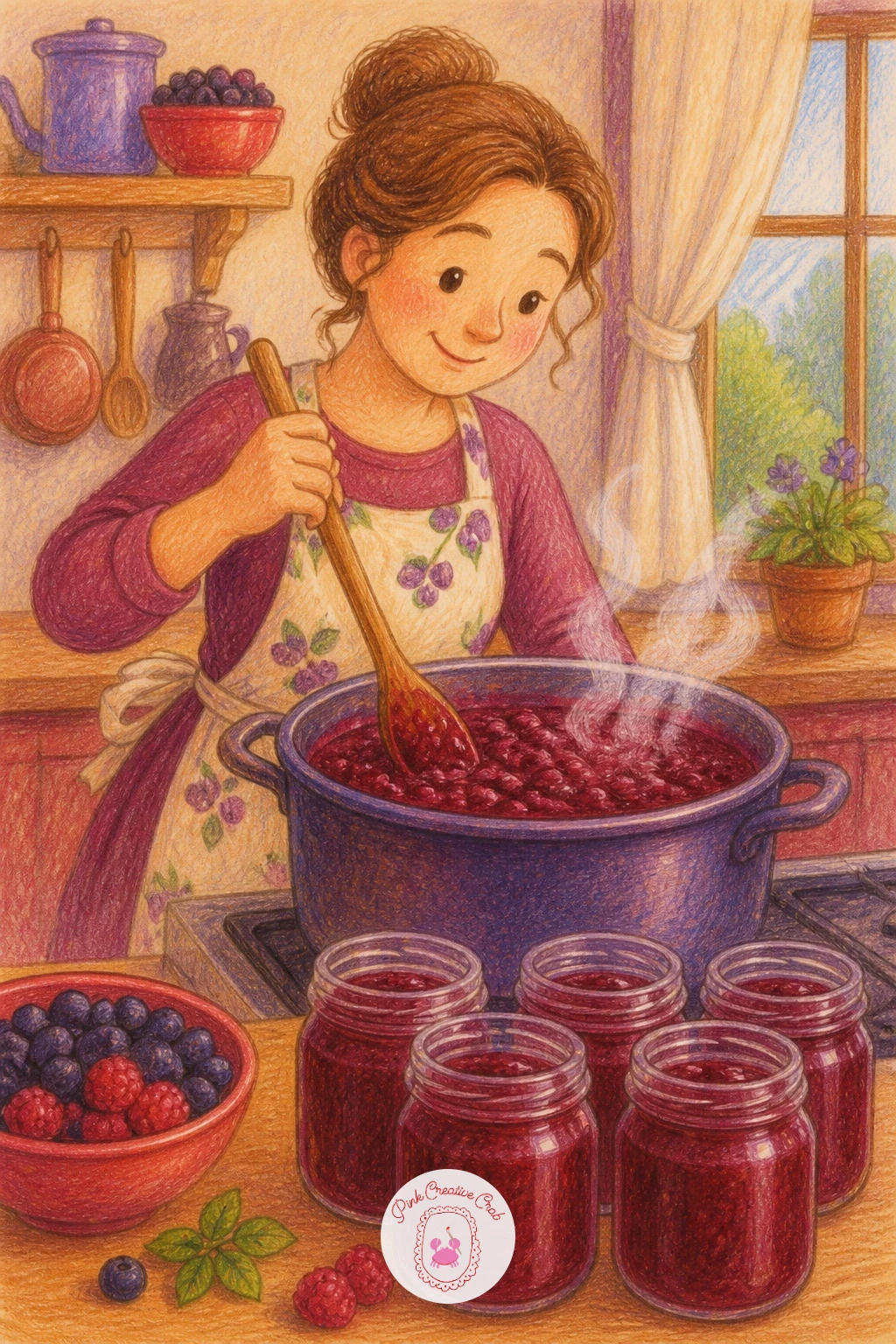 Jam Making Day — Carry that warmth into a jam making day, a stovetop scene built around a large pot of simmering fruit and a row of jars waiting to be filled.