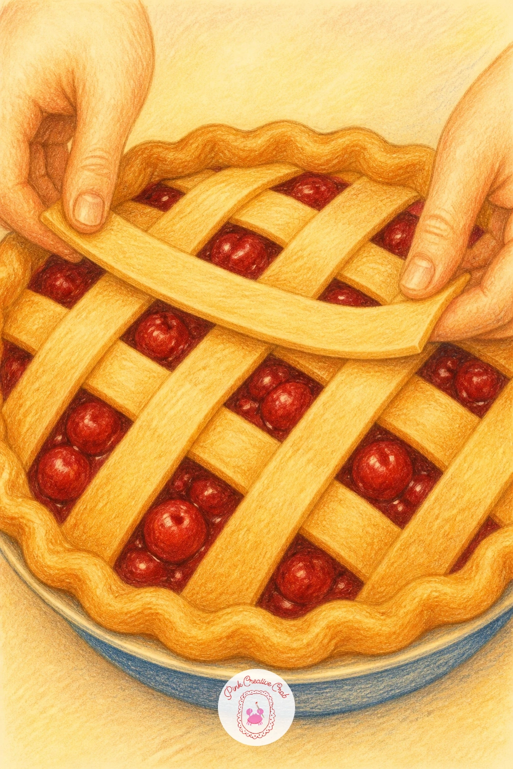 Lattice Pie Being Made — Move to a lattice pie being made, a scene that hinges on getting the woven top crust right. Cooking drawing