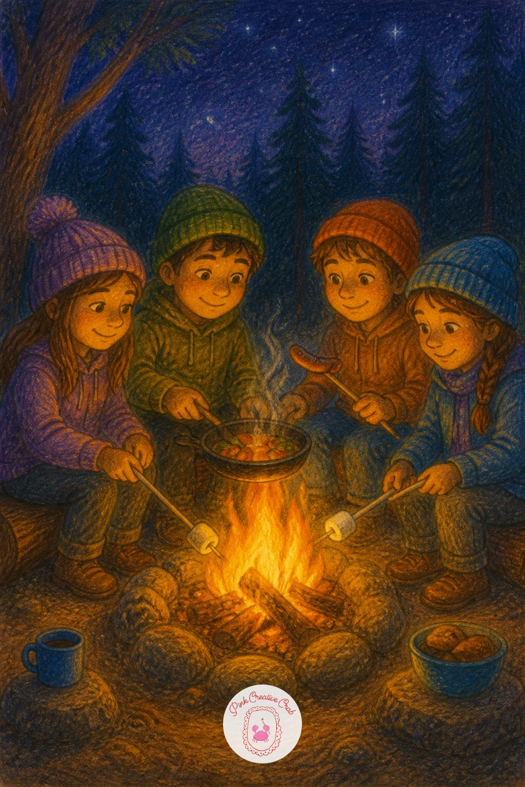 Cooking Over a Campfire — Bring the outdoor theme further with cooking over a campfire, a pot or skewers balanced above a small fire at the center of the page.