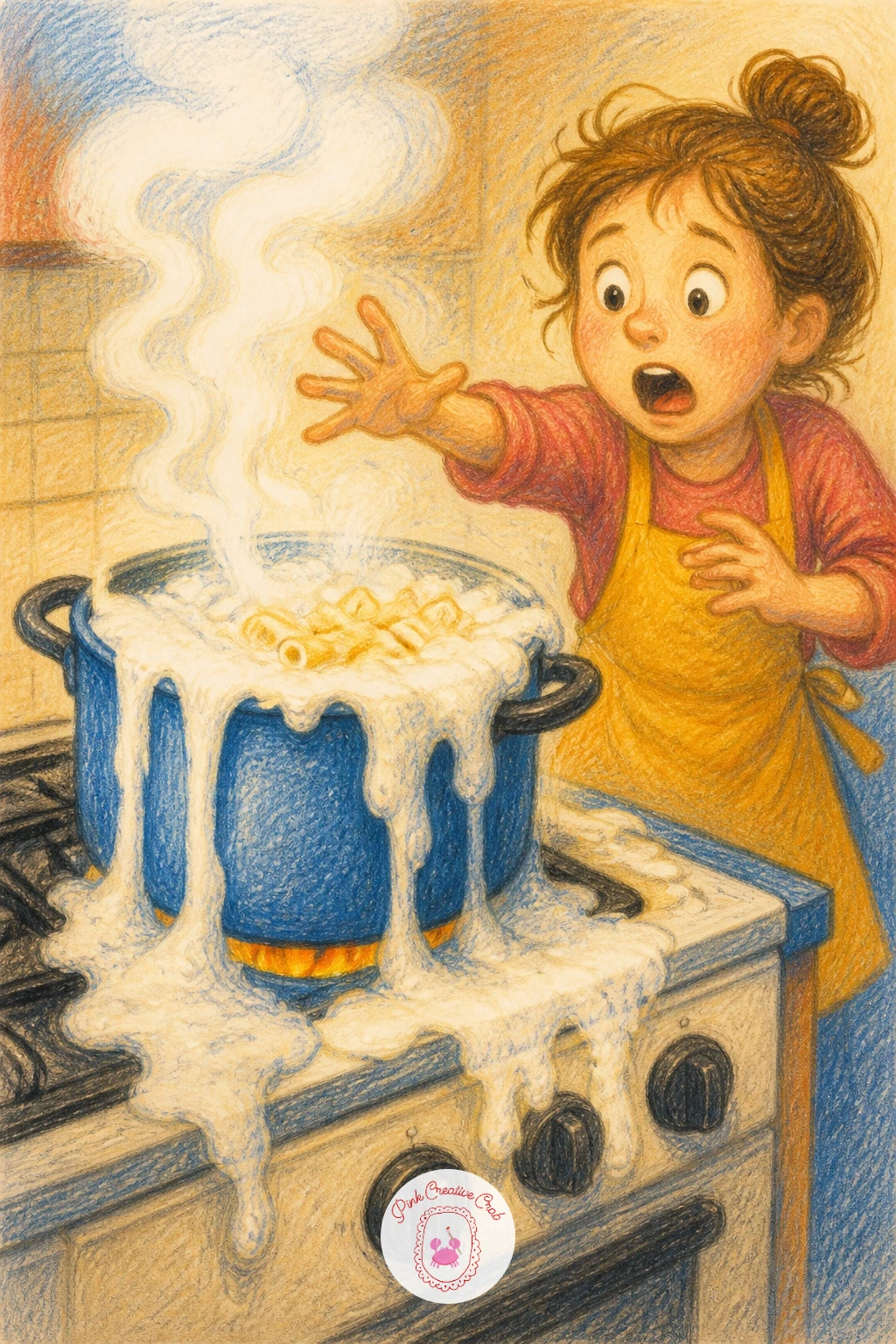 Pasta Pot Boiling Over — Add some comedy with a pasta pot boiling over, a close call moment that lets you draw motion and a bit of mild kitchen chaos. Cooking