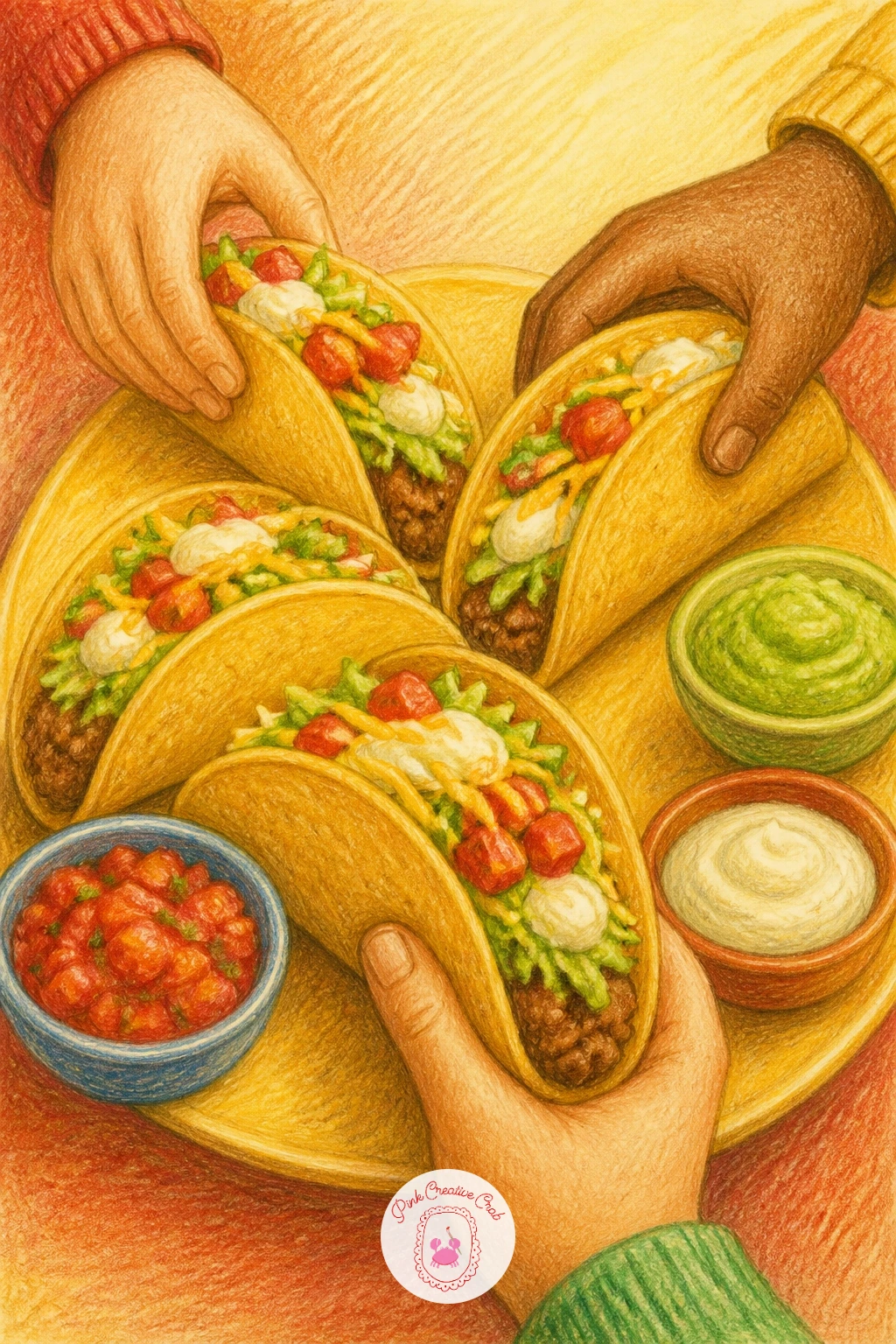Taco Night — Lift the mood back up with taco night, a table scene built around a row of filled taco shells and a few small bowls of toppings. Cooking drawing
