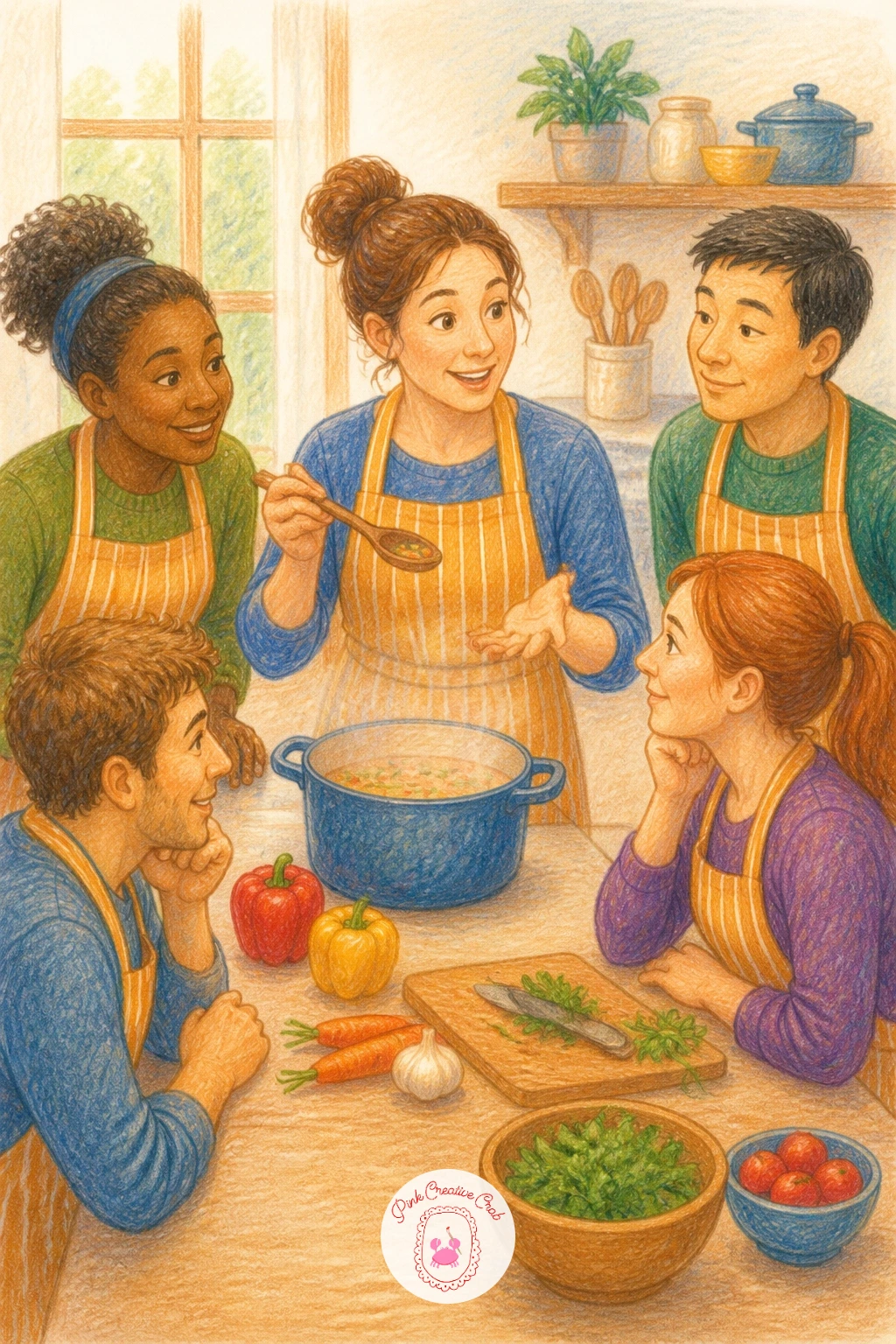 A Cooking Class — Widen the scene with a cooking class, several figures gathered around a counter or a shared table with an instructor demonstrating something