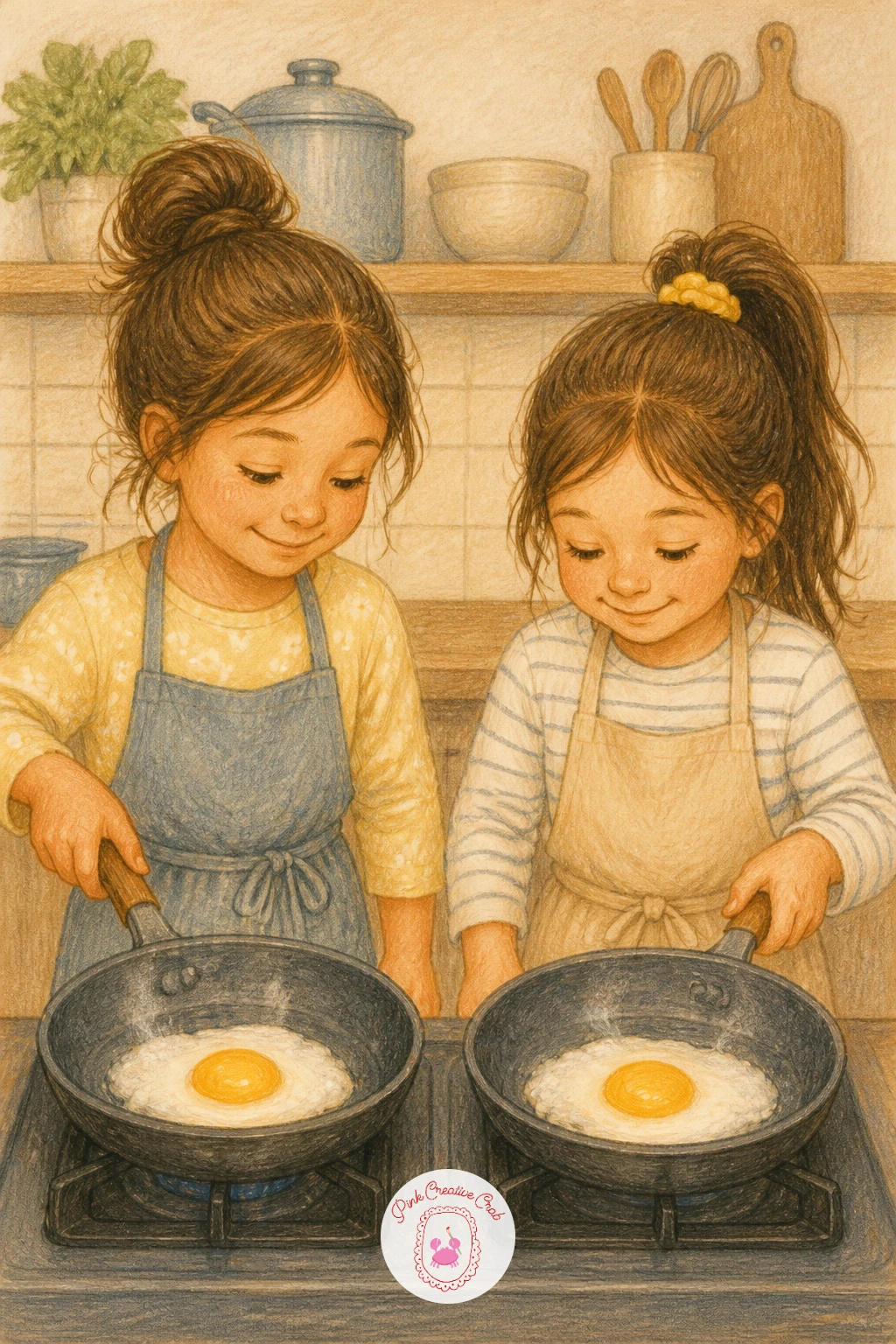 Sisters Frying Eggs — Return to a quieter two person scene with sisters frying eggs side by side at the stove, each watching their own pan. Cooking drawing
