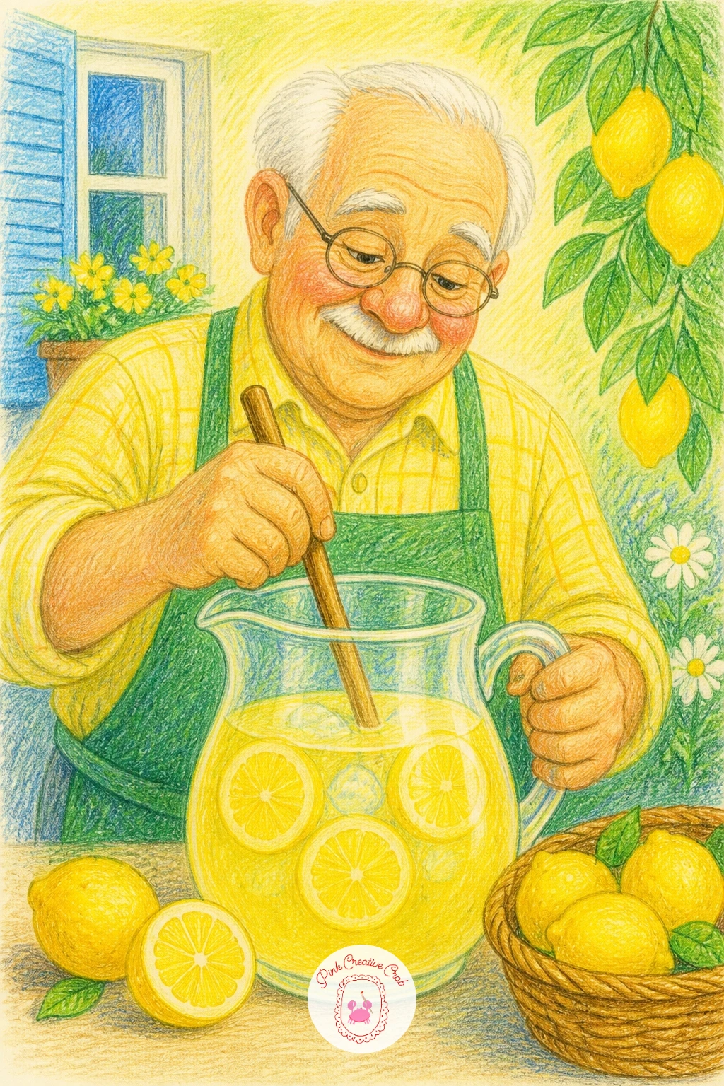 Grandpa Making Lemonade — Cool things down with grandpa making lemonade, a scene built around a large pitcher, a few cut lemons and a stirring spoon. Cooking