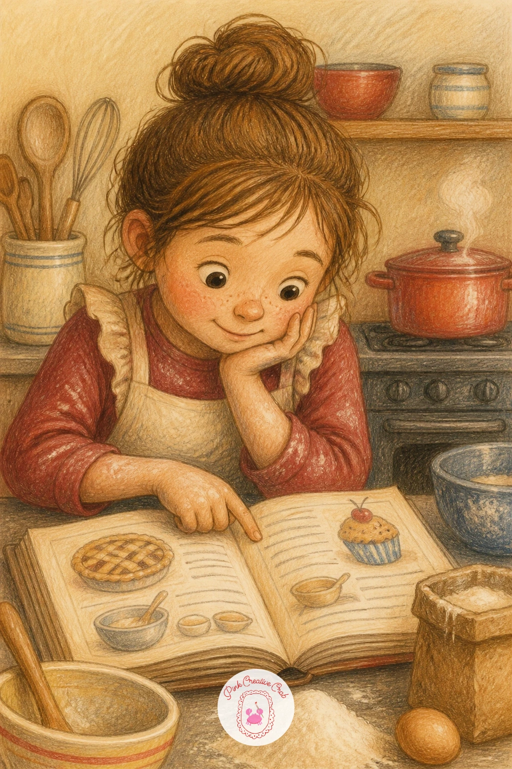 Girl Reading a Recipe Book — Slow things down again with a girl reading a recipe book propped open on the counter, flour already on her hands. Cooking drawing