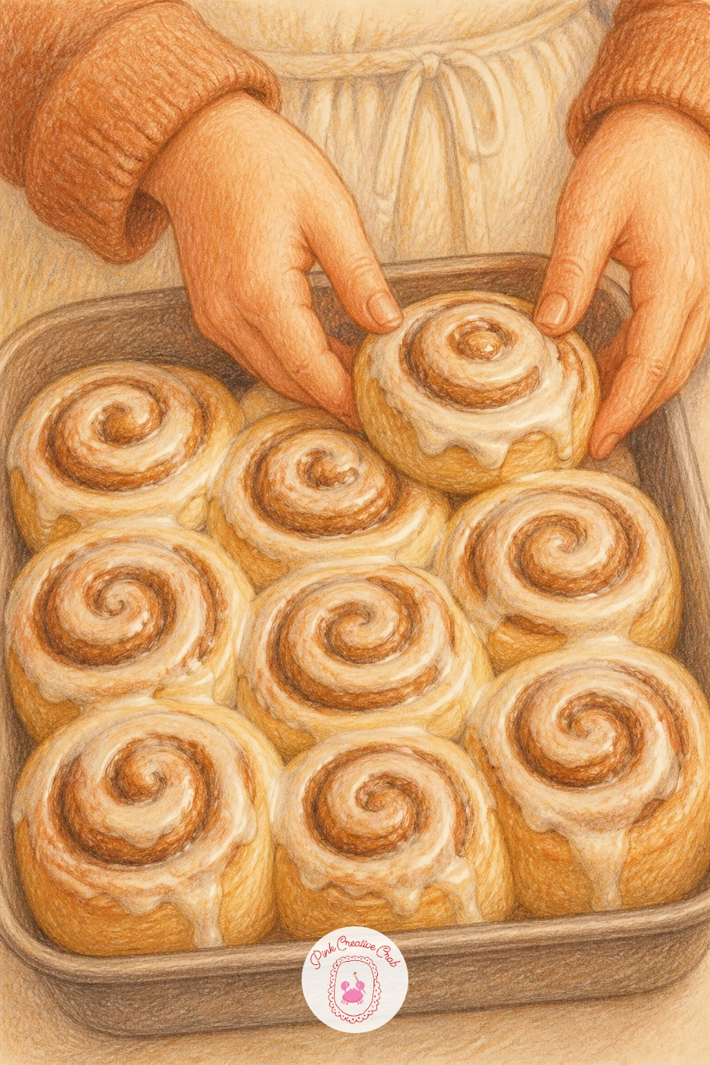 Making Cinnamon Rolls — Follow the recipe book into making cinnamon rolls, a scene built around a rolled log of dough being sliced into spirals. Cooking drawing