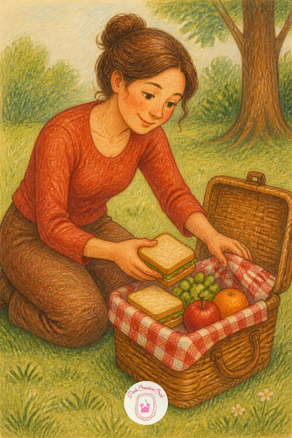 Packing a Picnic Lunch — Move the mess outdoors with packing a picnic lunch, a scene built around an open basket being filled with sandwiches, fruit and a
