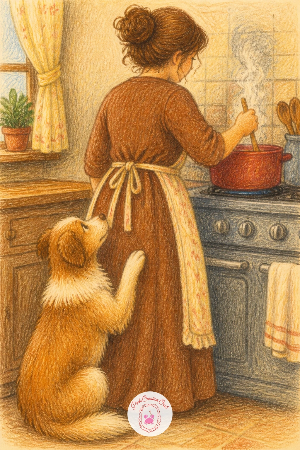A Dog Begging at the Stove — Bring in a familiar kitchen character with a dog begging at the stove, sitting just behind the cook with one paw raised and ears