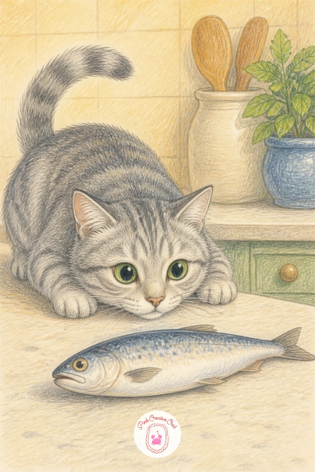 A Cat Watching Fish on the Counter — Pair that dog scene with a cat watching fish on the counter, a calmer, more watchful pose than the begging dog. Cooking