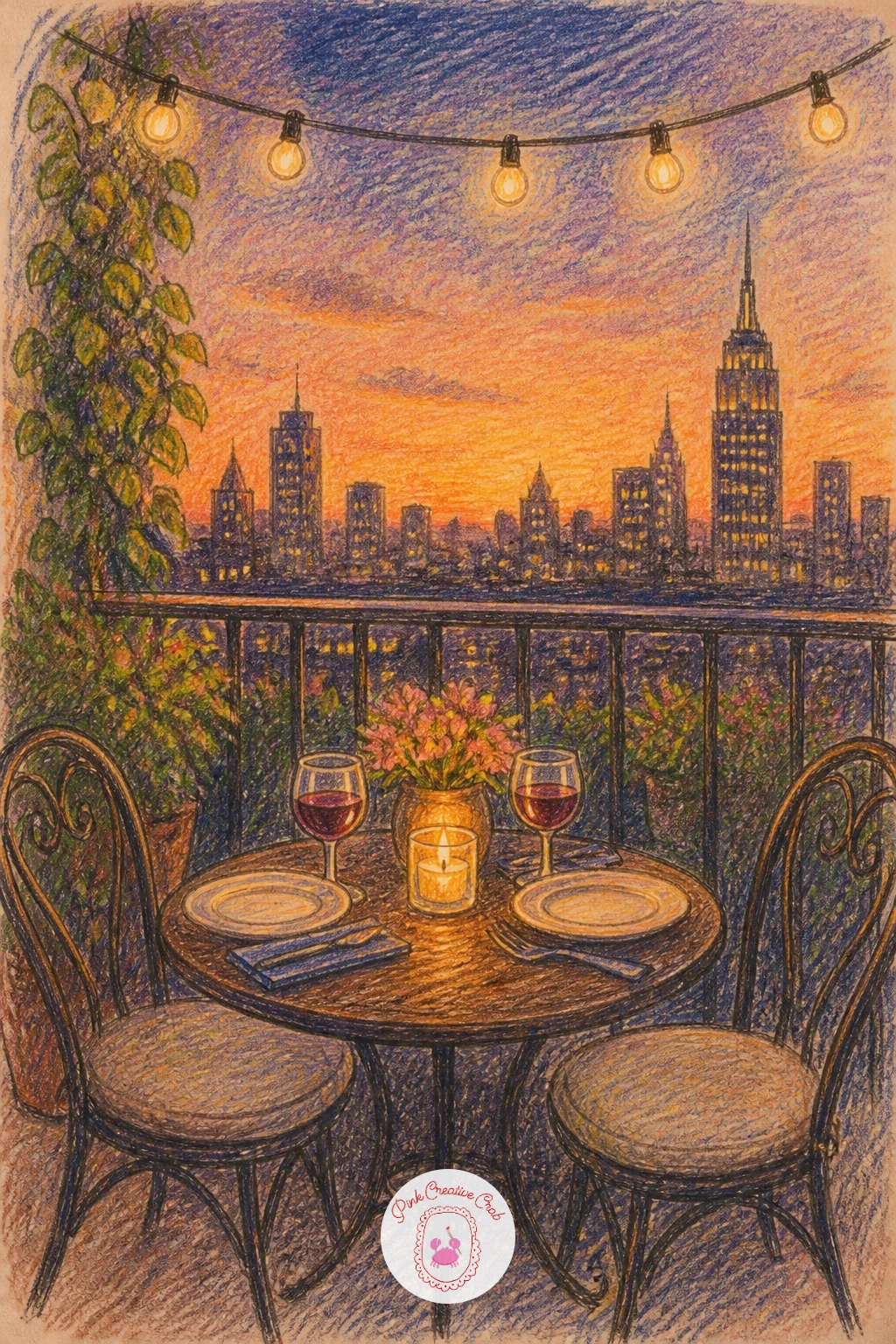 Balcony Dinner — A balcony dinner works from the railing outward, so sketch the balcony rail first as a simple repeating pattern of verticals, then build the