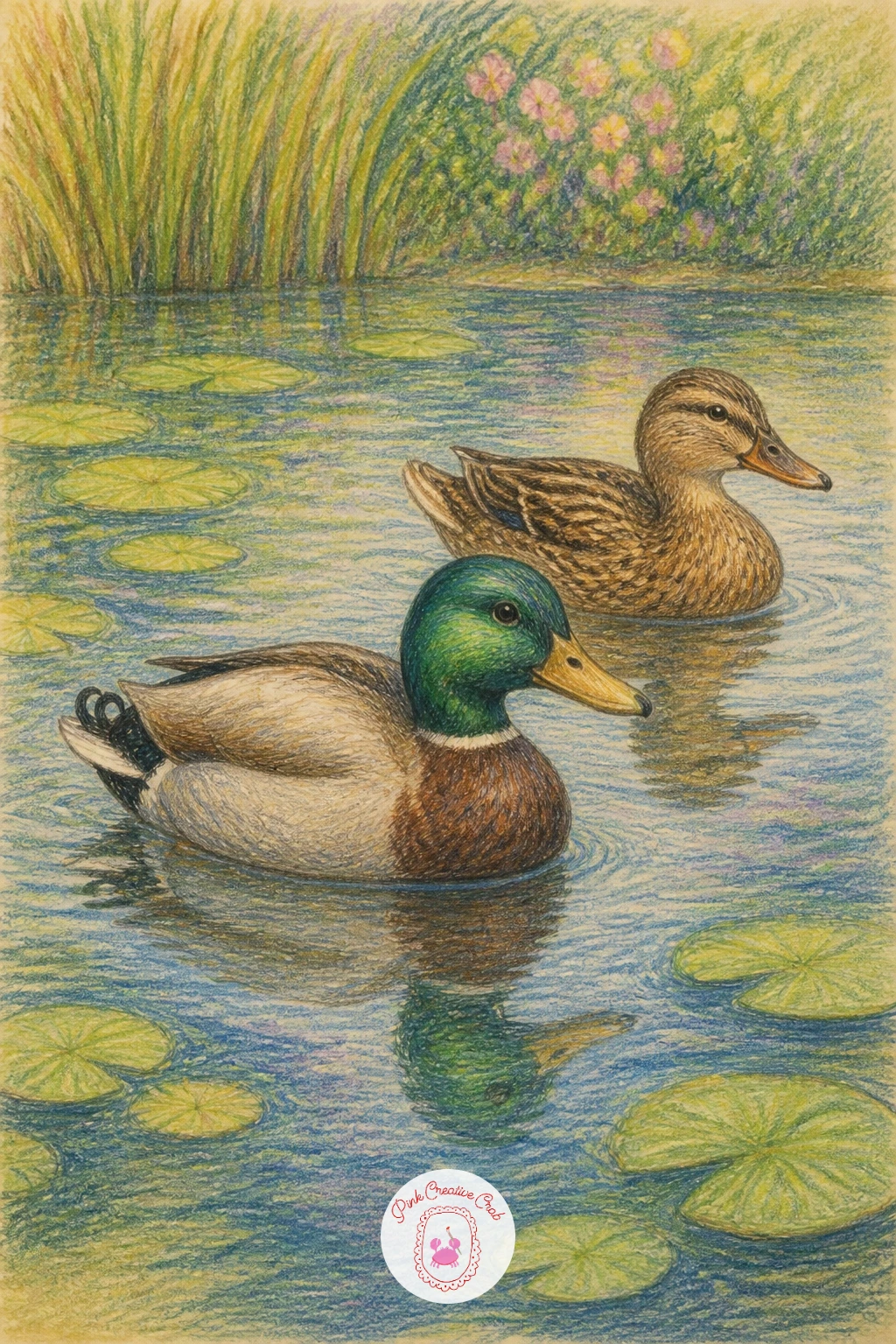 Pond with Ducks — A pond with ducks is a good day to think about reflections, since whatever sits above the waterline needs a softened, slightly stretched echo