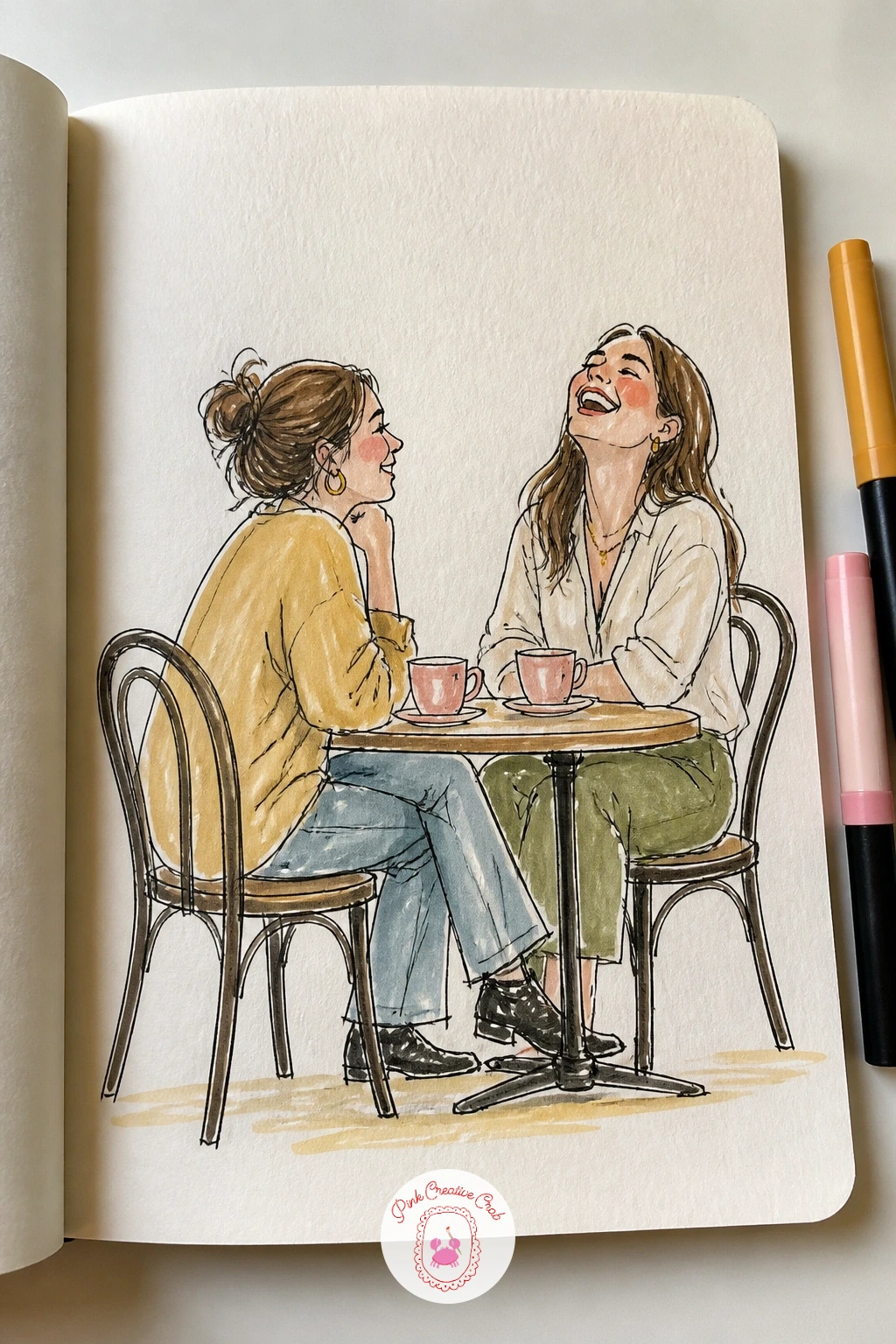 A Friend Laughing at Lunch — A friend laughing at lunch is really a page about two faces, so give the expressions more attention than the setting. Sketchbook