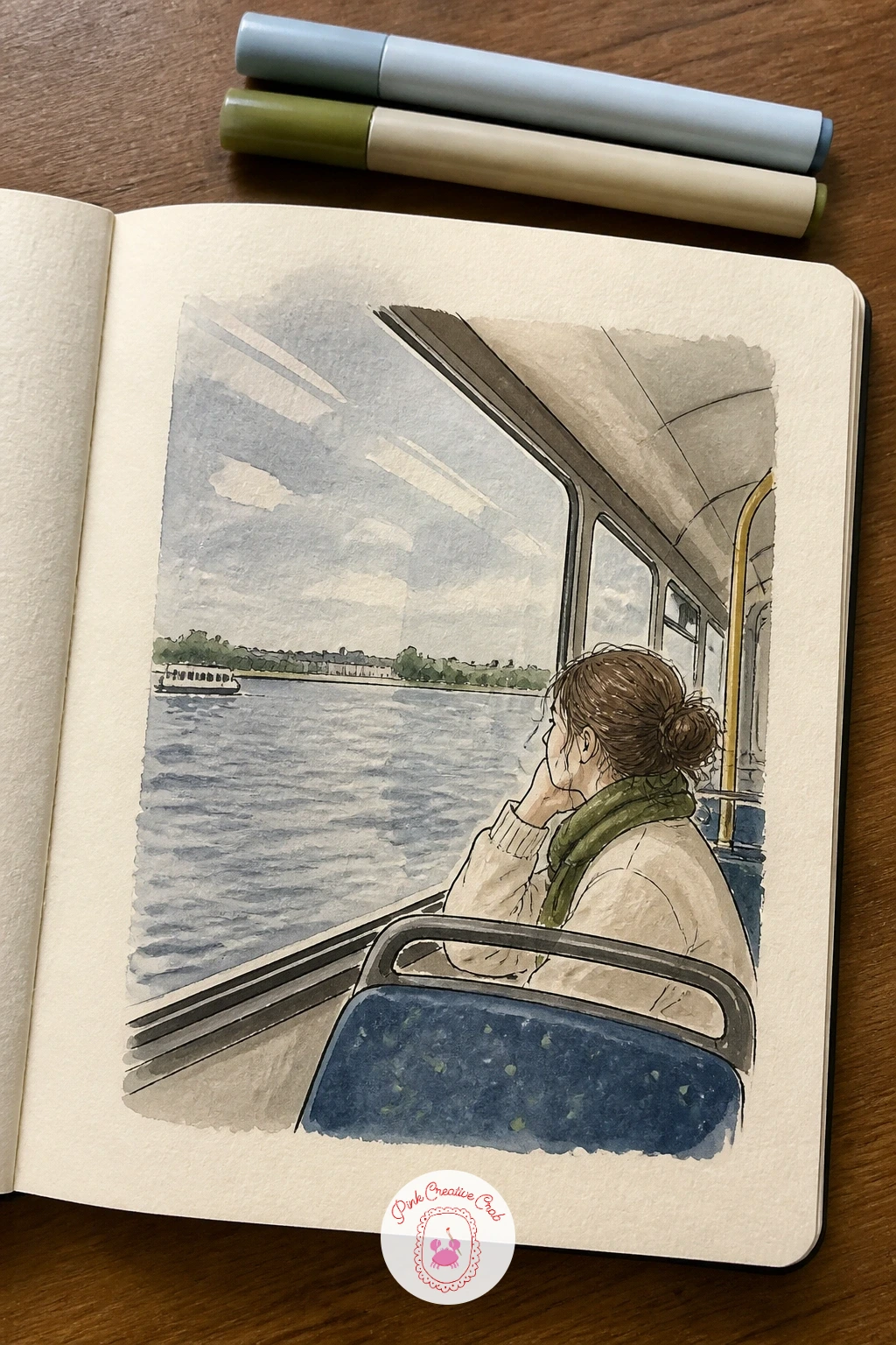 A Bus Ride With a River View — A bus ride with a river view lets you practice a window-within-a-window, a nice framing trick for a diary page. Sketchbook diary