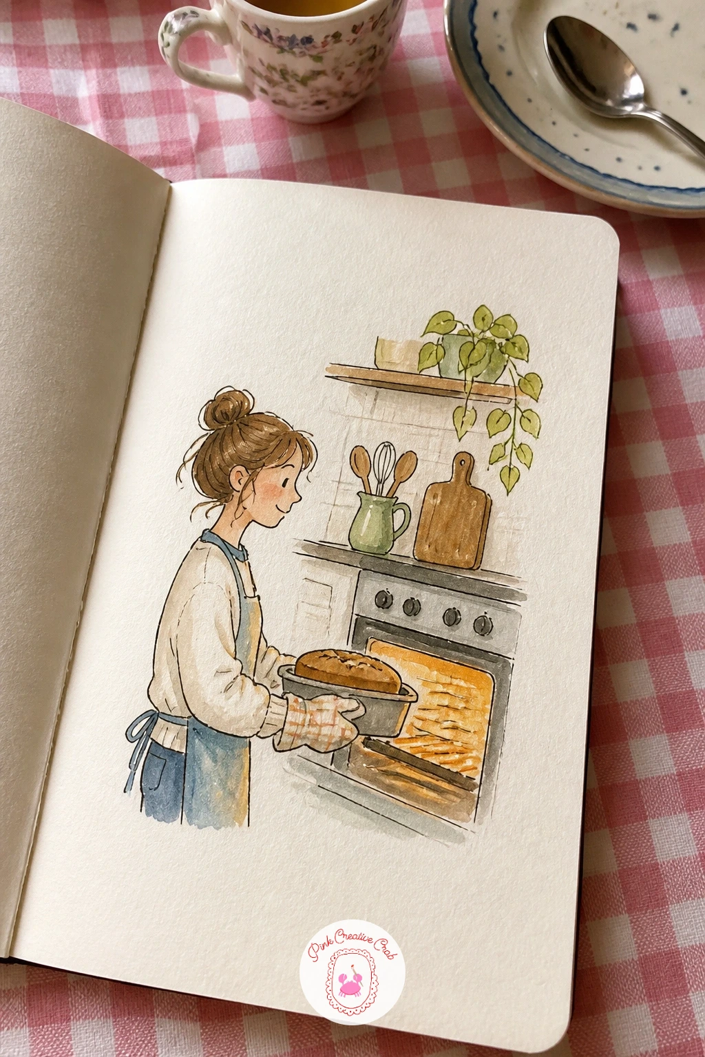 Baking Banana Bread — Baking banana bread is a kitchen scene built around steam and a loaf tin, both forgiving shapes for a fineliner page. Sketchbook diary