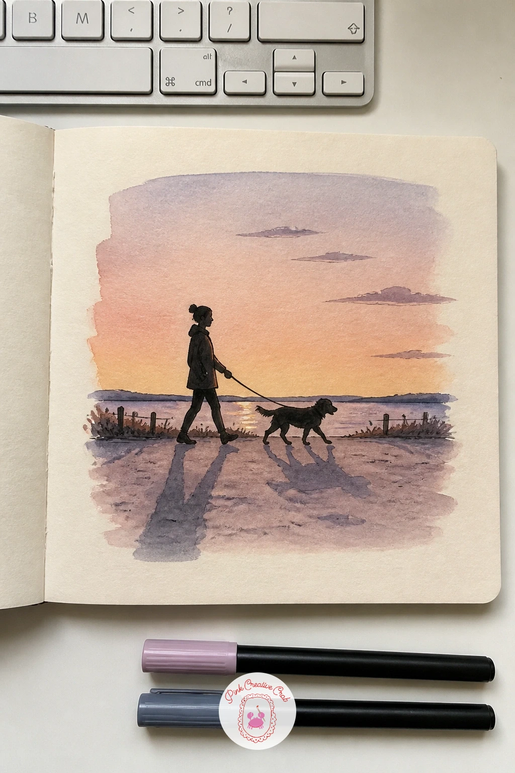 A Slow Dog Walk at Dusk — A slow dog walk at dusk shifts the mood toward something softer, and the light here matters more than the dog or the path. Sketchbook