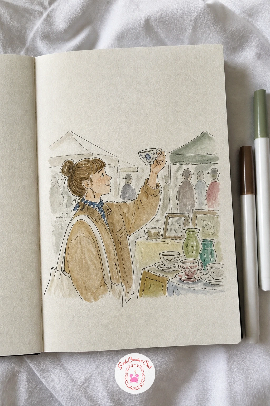 Finding a Vintage Cup at a Flea Market — Finding a vintage cup at a flea market is a small treasure-hunt page built around one special object held up to the