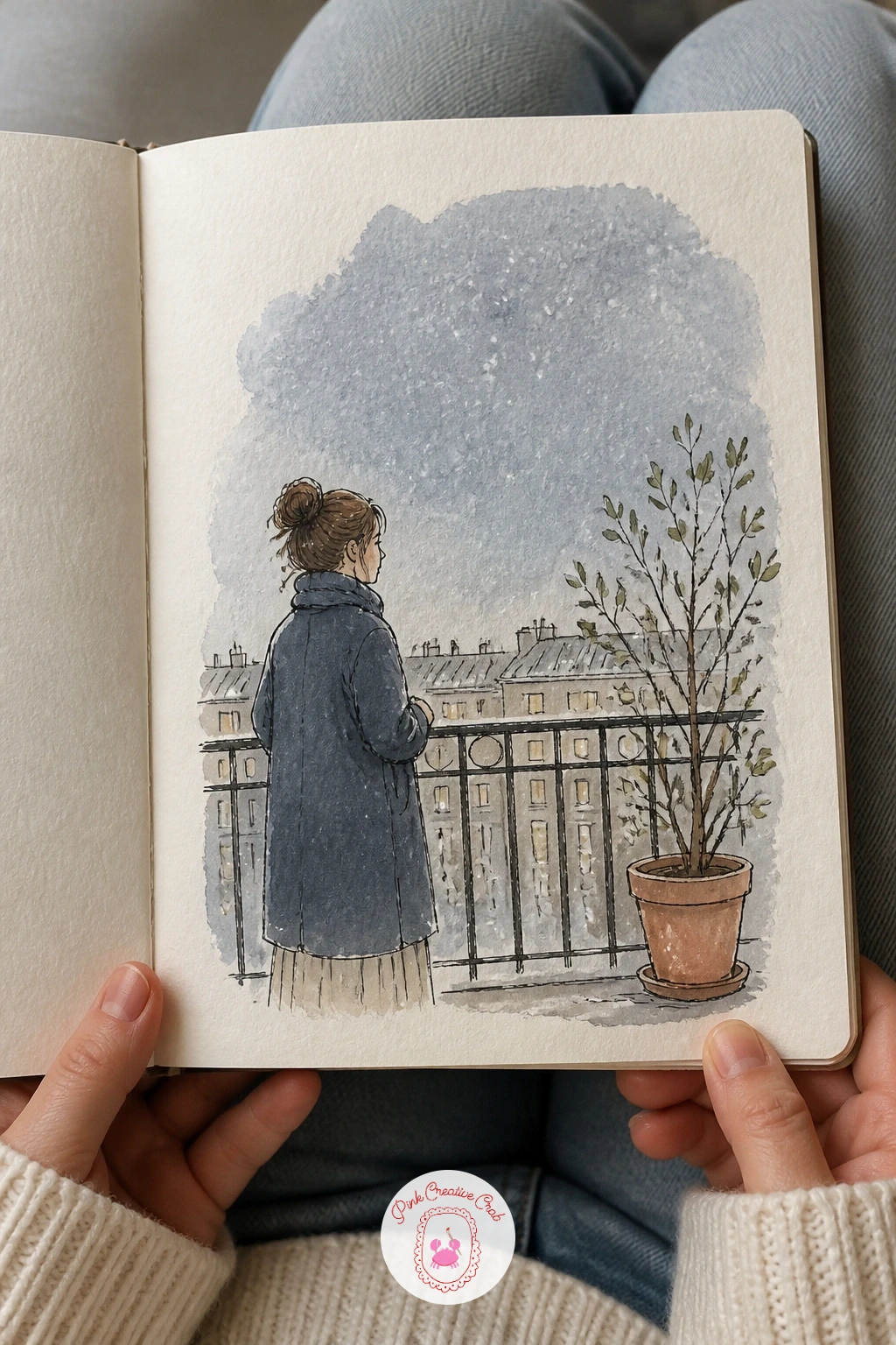 The First Snow on the Balcony — The first snow on the balcony is a lovely page for practicing negative space, since the snow itself is mostly the white of your