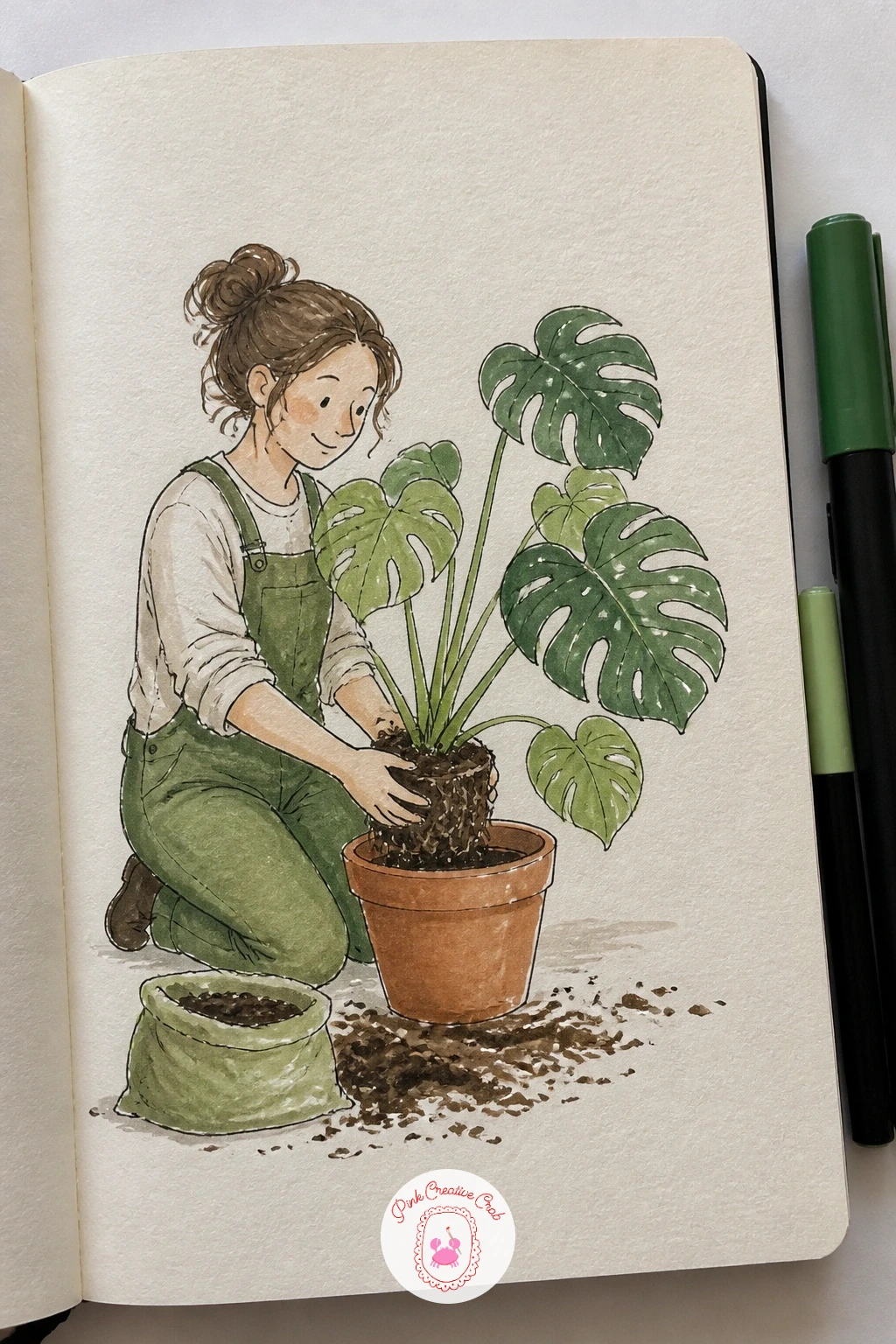 Repotting a Monstera — Repotting a monstera gives you big, satisfying leaf shapes to draw, each one a simple rounded form with a few deep notches cut into the