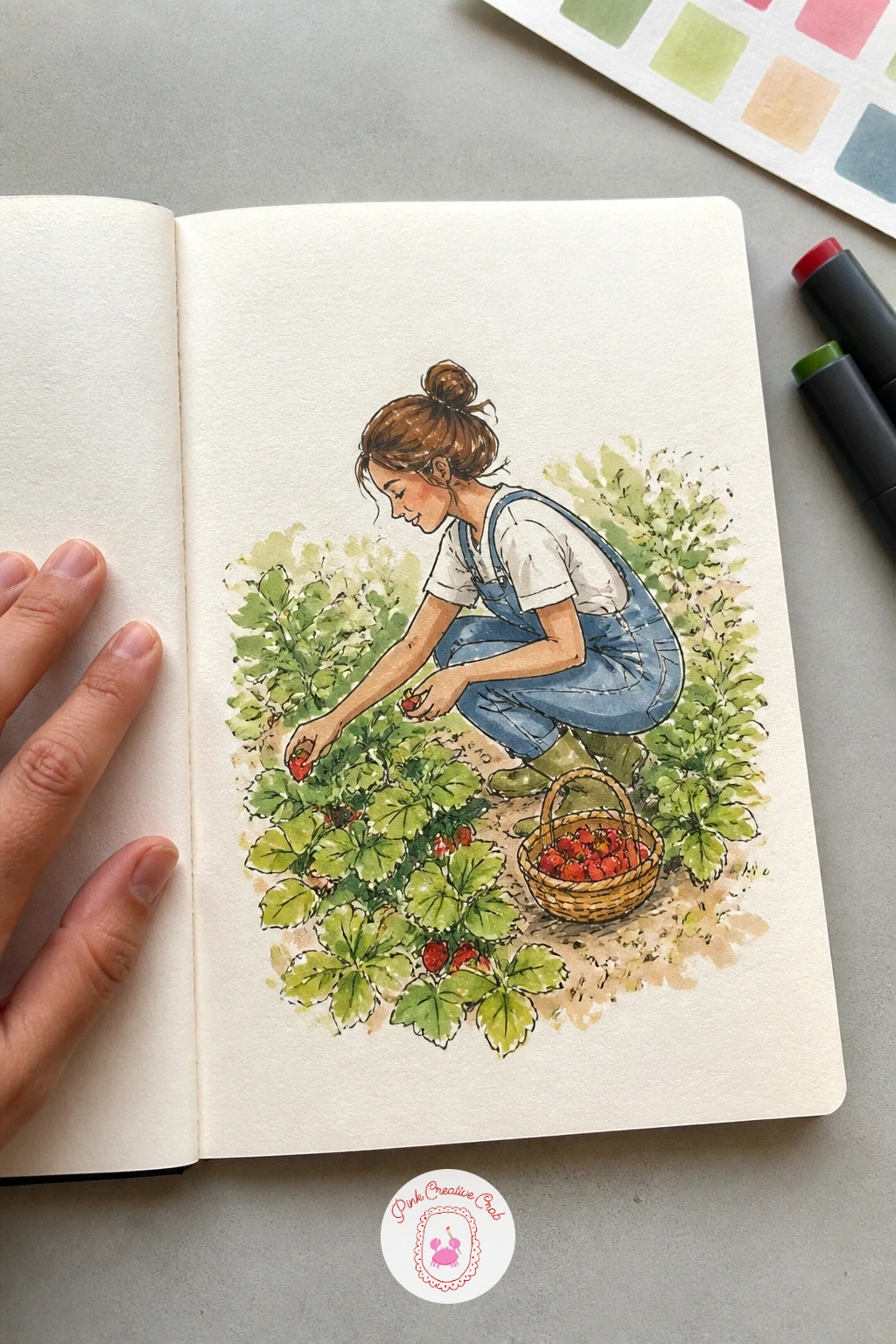 Picking Strawberries — Picking strawberries moves the diary outdoors into a field scene, and the fun here is drawing a lot of small red shapes without them